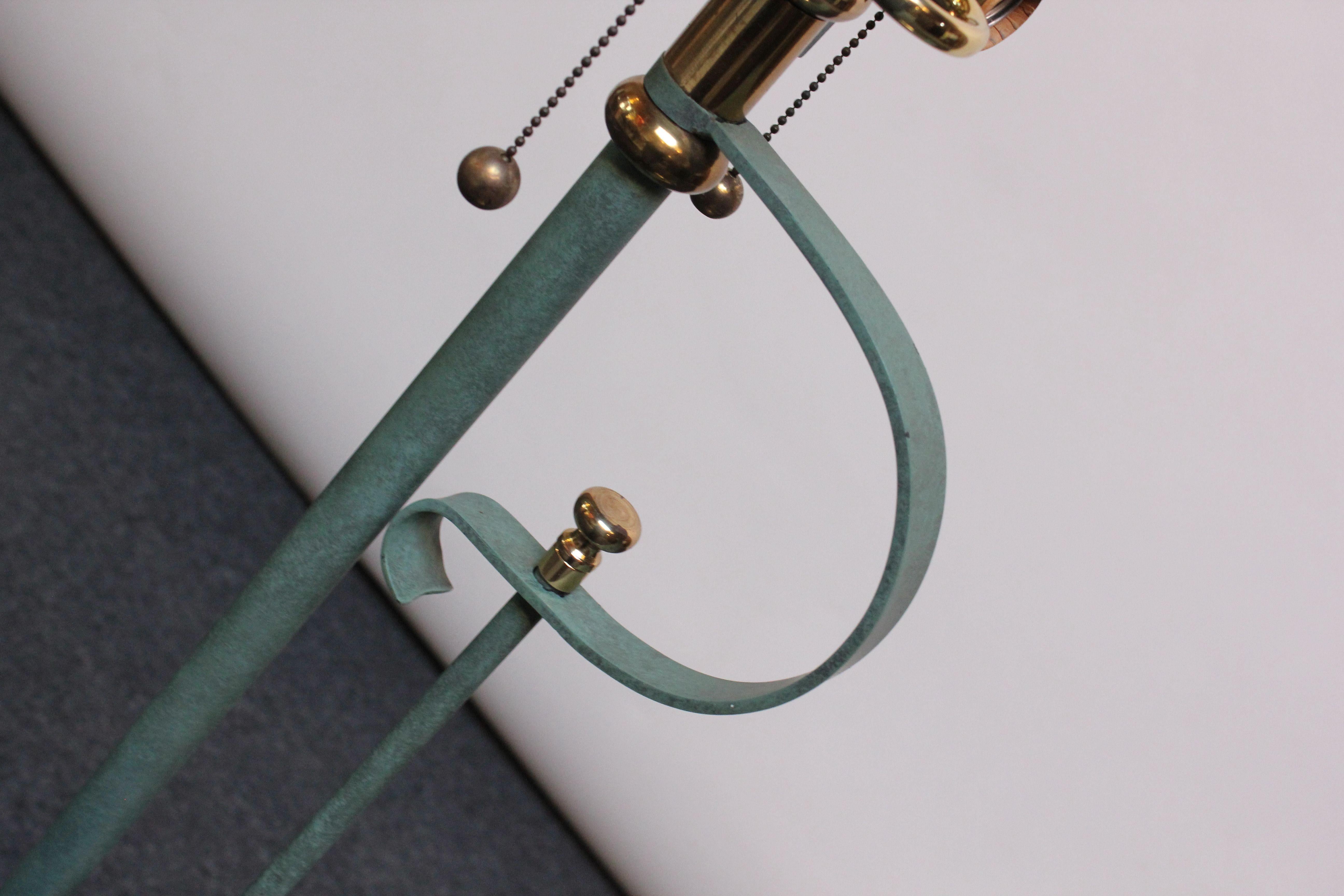 Postmodern Verdigris Finish Floor Lamp with Brass Shade and Tripod Base 2