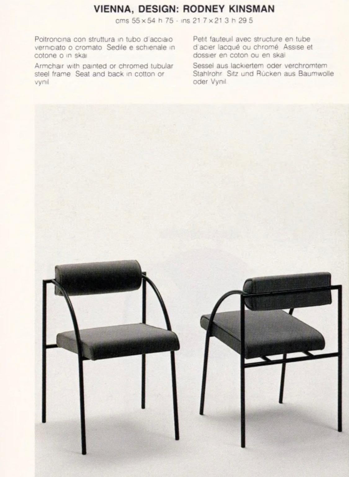 Set of 3 chairs designed by Rodney Kinsman for Bieffeplast, Italy.

Designed in 1982. 
 
Black leather-like material on a powder-coated sculptural metal frame.

