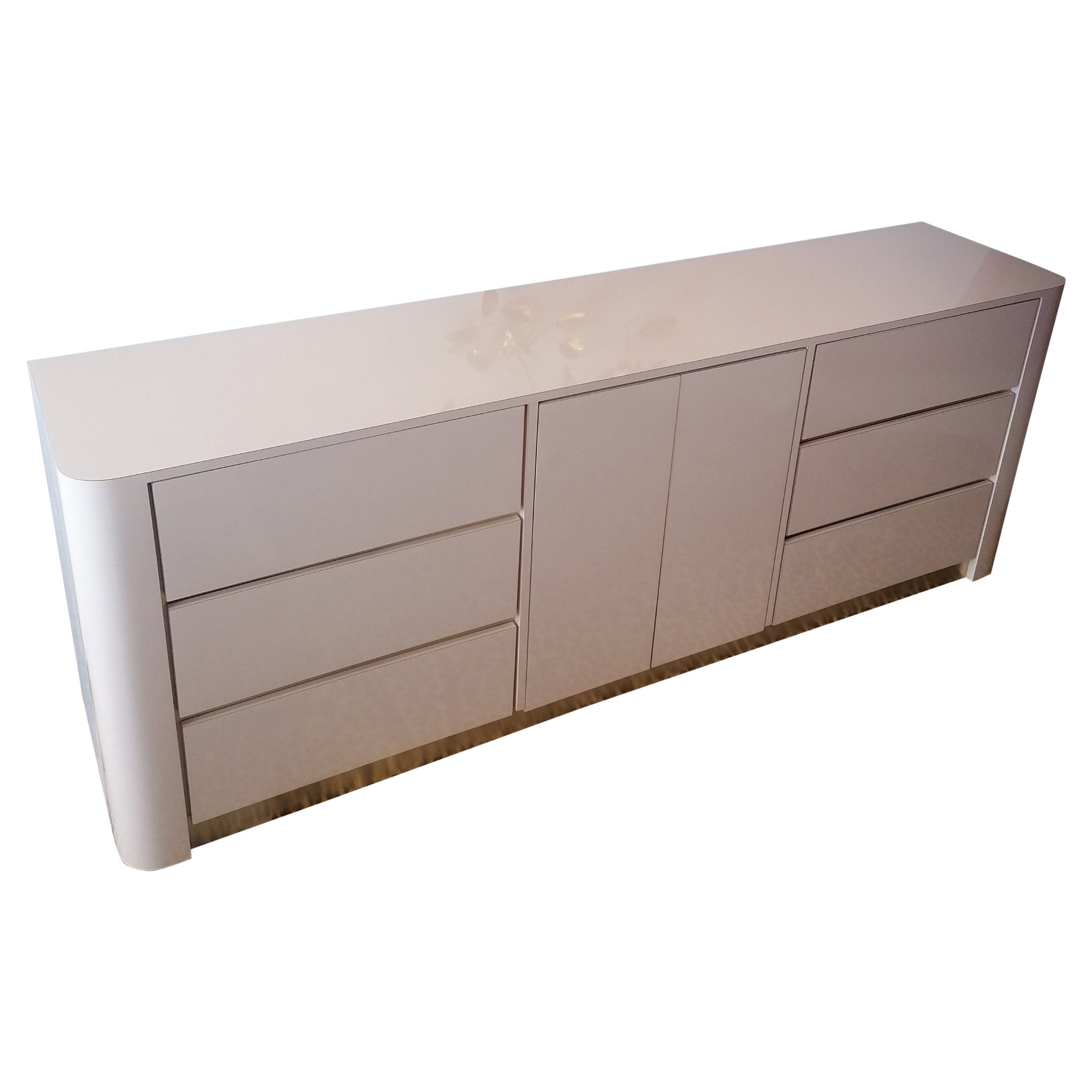 Postmodern vintage 1980s American pale blush pink & gold sideboard with drawers