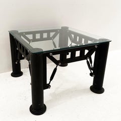 postmodern vintage BDSM industrial metal table with glass top