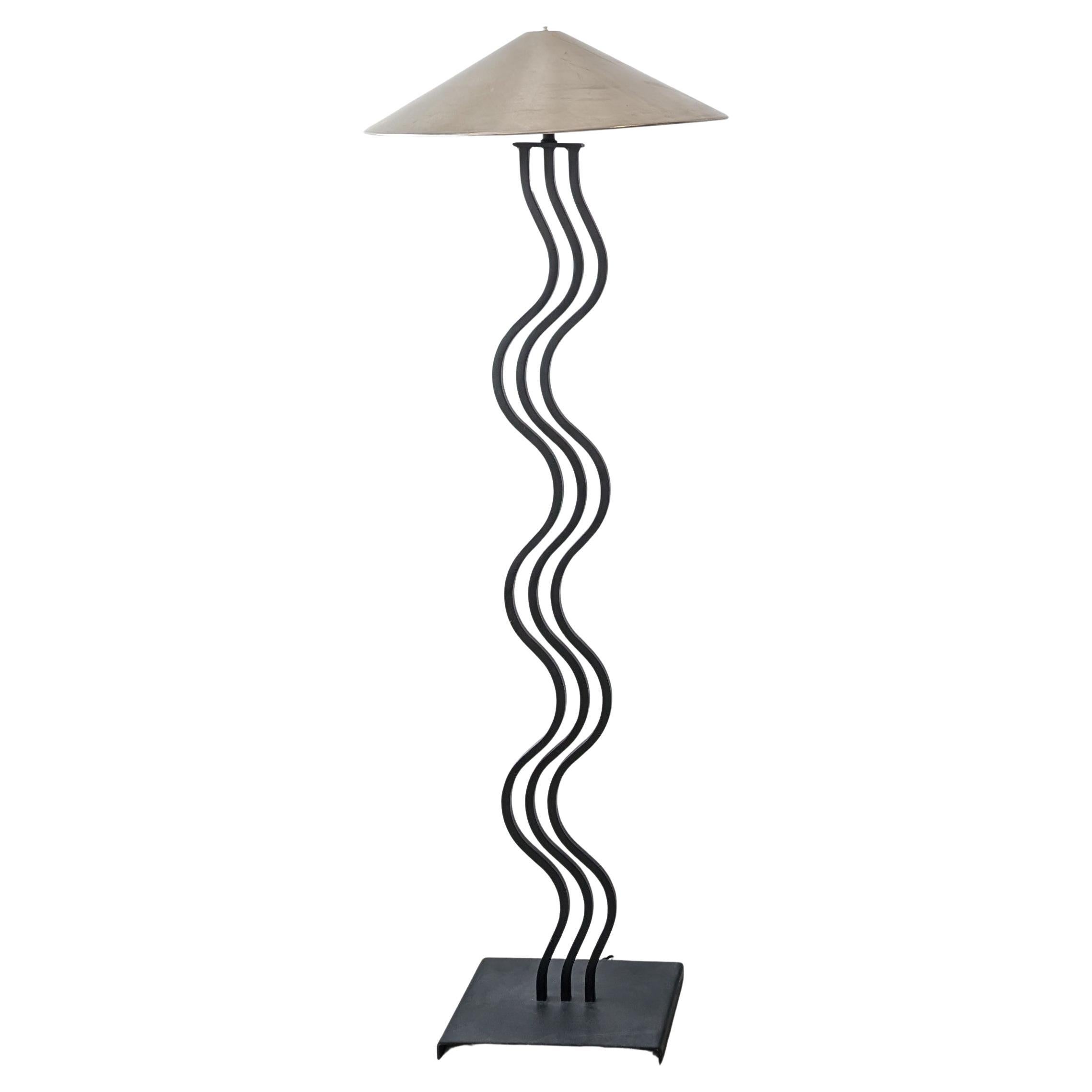 Postmodern vintage black metal wiggle floor lamp with steel shade USA 1980s
