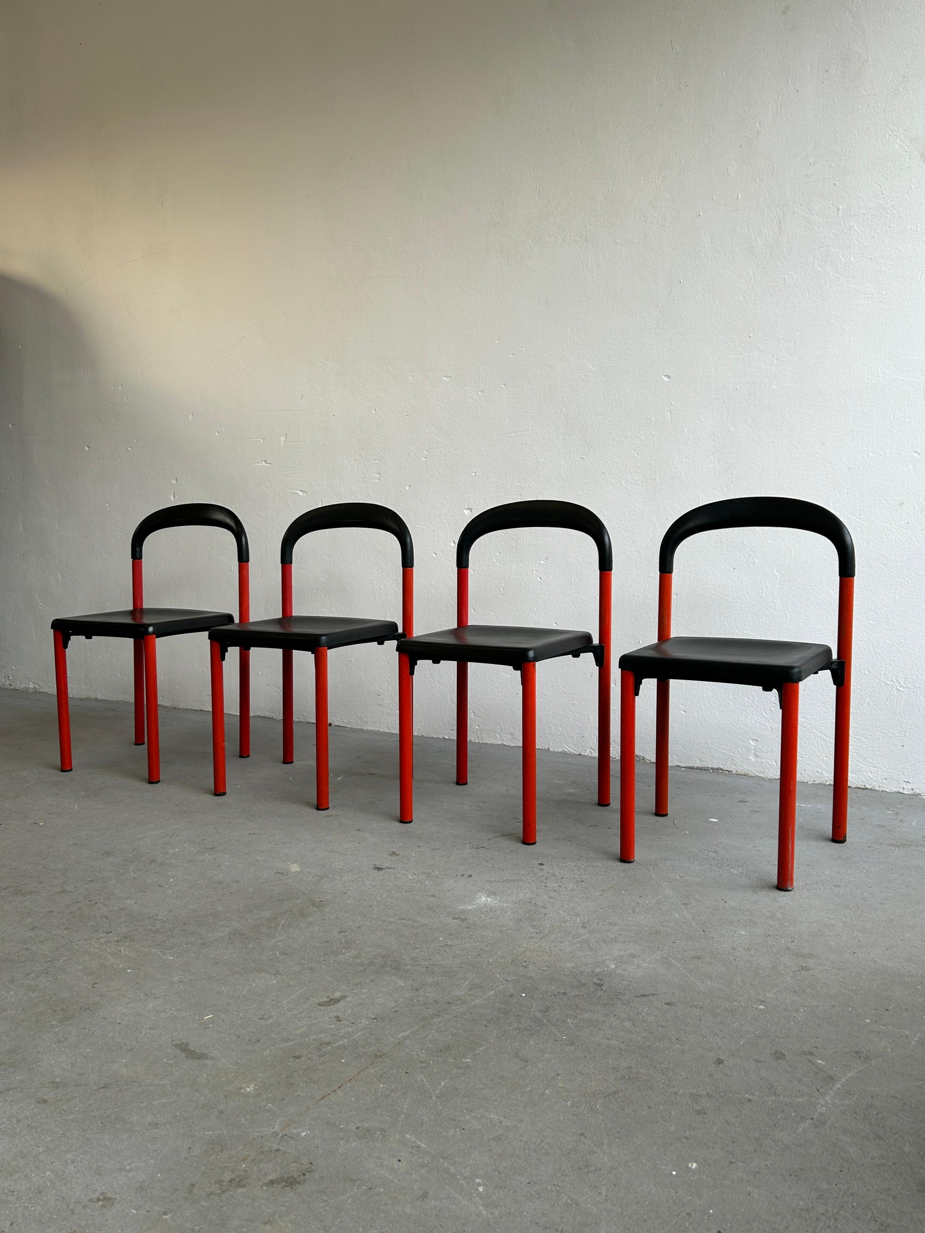 A set of 4 'Modres' vintage postmodern chairs, designed by Mladen Oresic and produced by TMN Jadran from 1983 onwards in former Yugoslavia. Minimalist modernist design, following the style of 501 Göteborg Chairs by Cassina.

Modres was designed