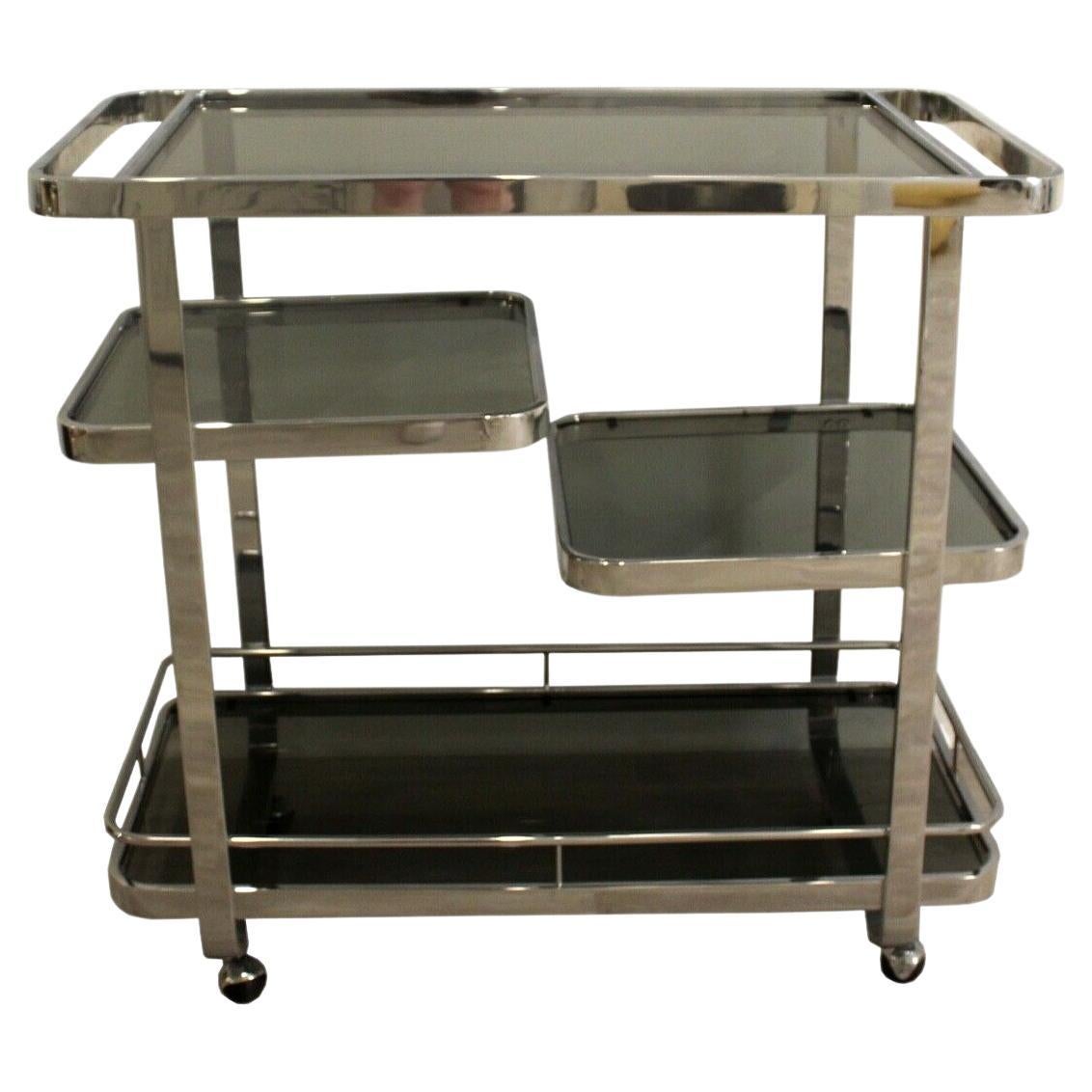 Postmodern Vintage Chrome and Smoked Glass Bar Cart on Casters