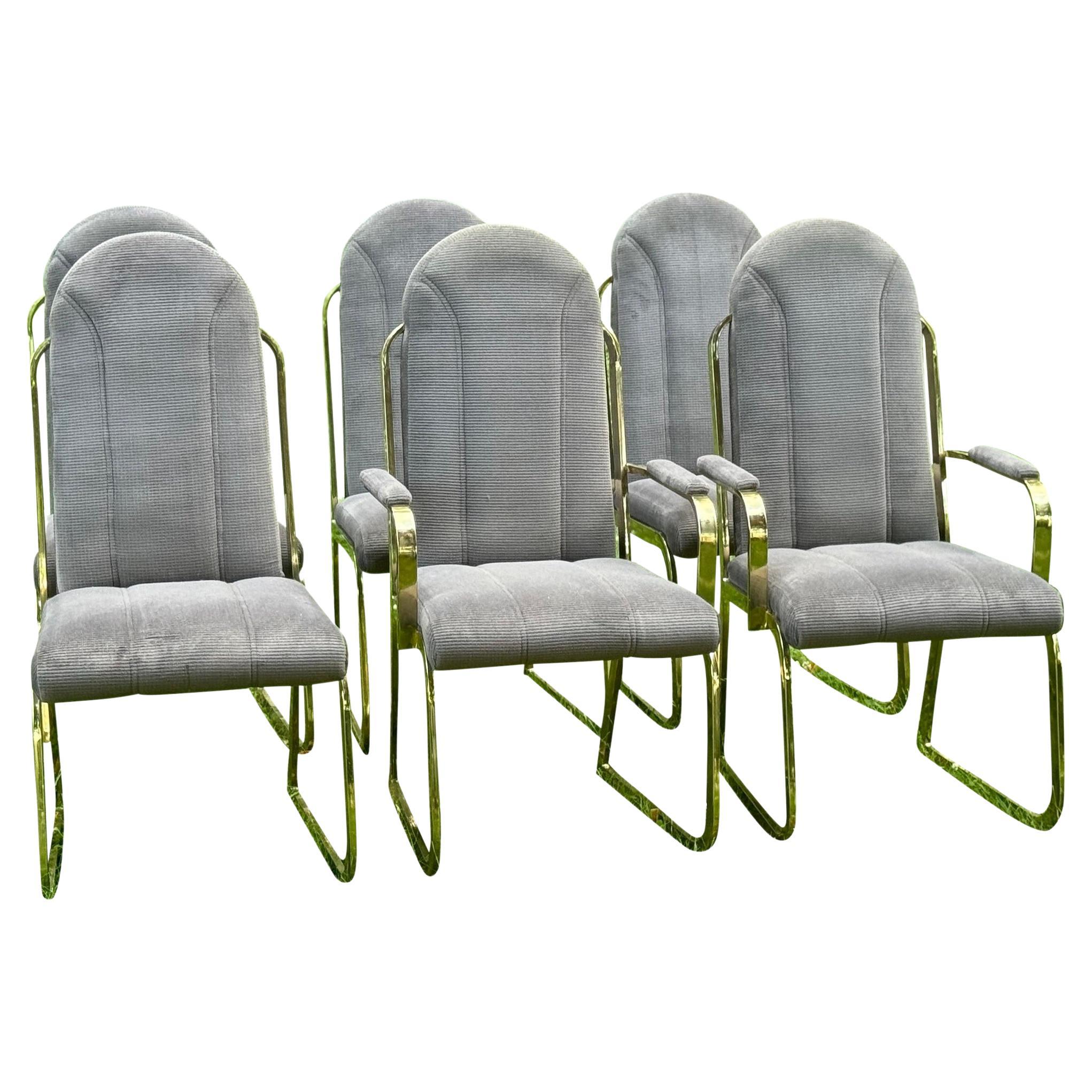 Postmodern Vintage Hollywood Regency Brass Upholstered Dining Chairs- Set of 6