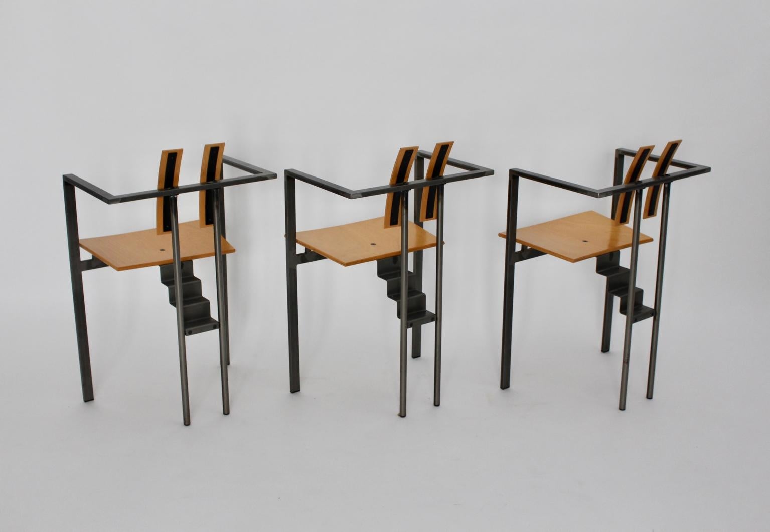 Postmodern Vintage Metal Beech Dining Chairs Set of Six, circa 1980, Italy For Sale 3