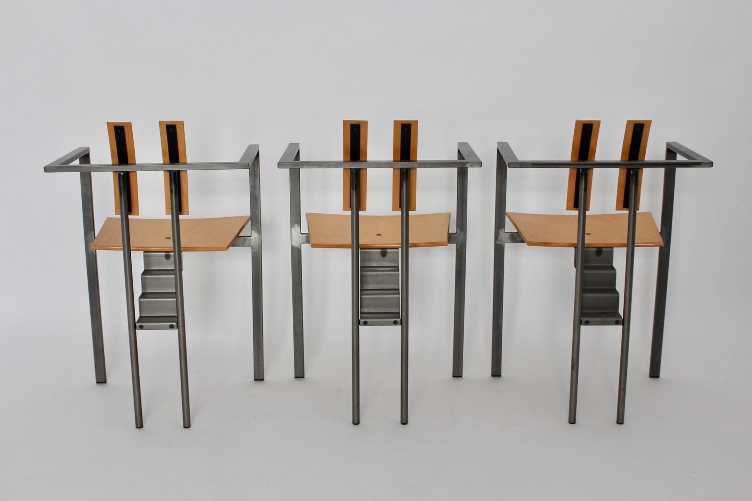 Postmodern Vintage Metal Beech Dining Chairs Set of Six, circa 1980, Italy For Sale 4