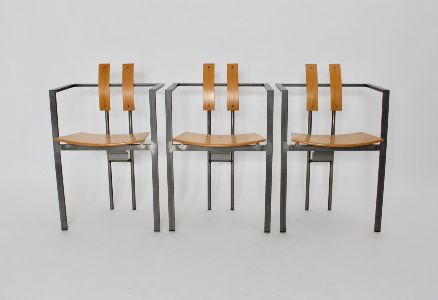 Postmodern Vintage Metal Beech Dining Chairs Set of Six, circa 1980, Italy For Sale 5