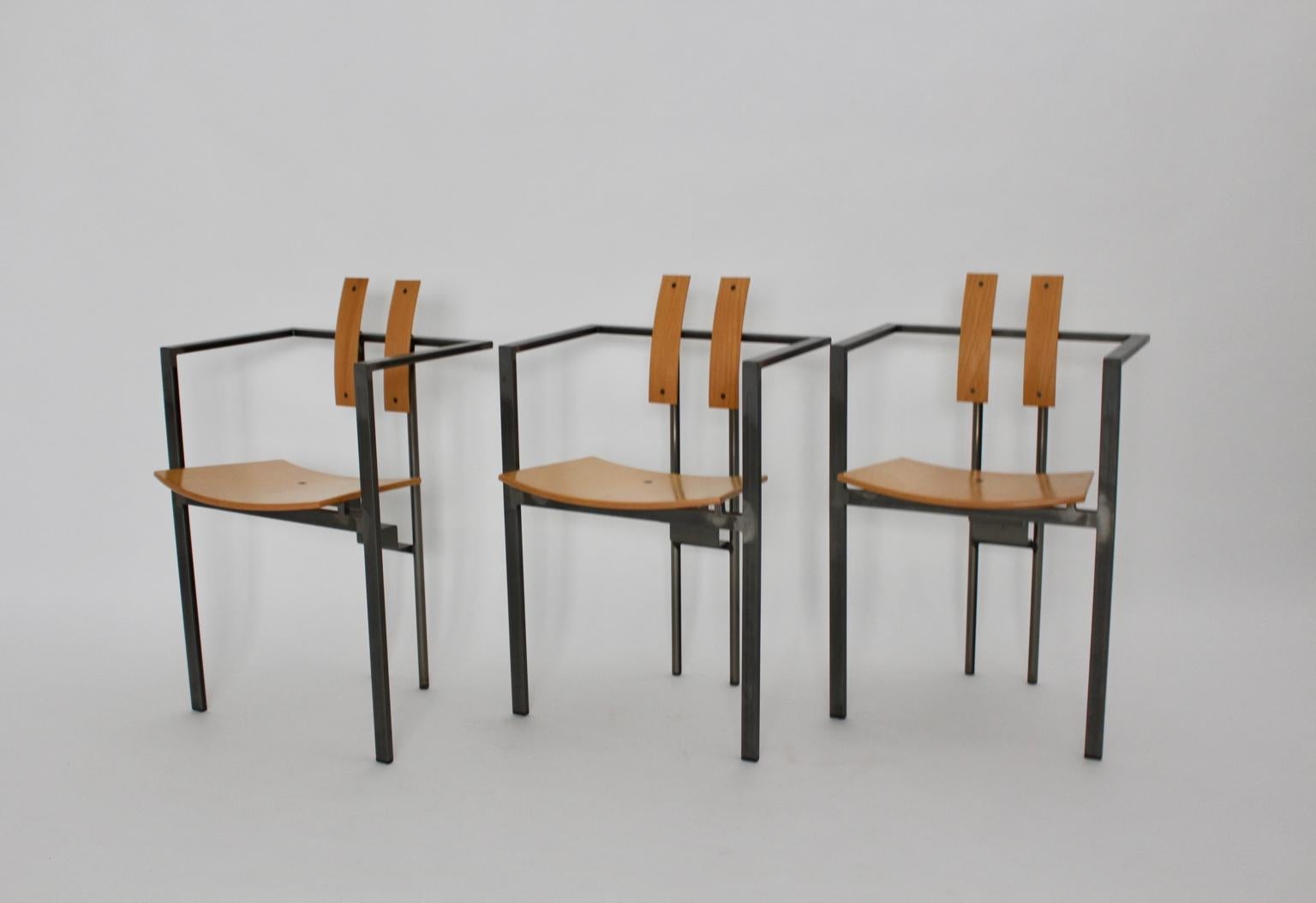 Postmodern Vintage Metal Beech Dining Chairs Set of Six, circa 1980, Italy For Sale 6
