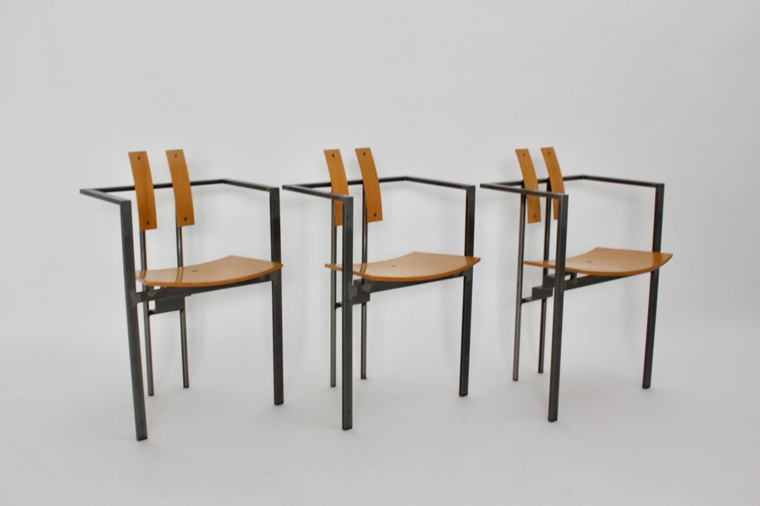 Postmodern Vintage Metal Beech Dining Chairs Set of Six, circa 1980, Italy For Sale 8