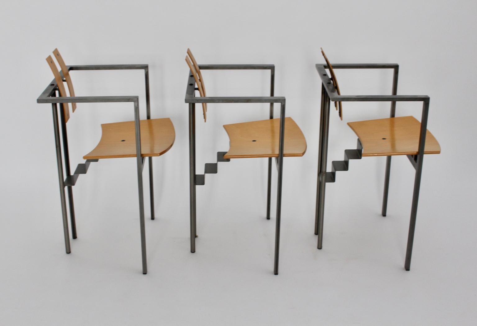 Postmodern Vintage Metal Beech Dining Chairs Set of Six, circa 1980, Italy For Sale 9