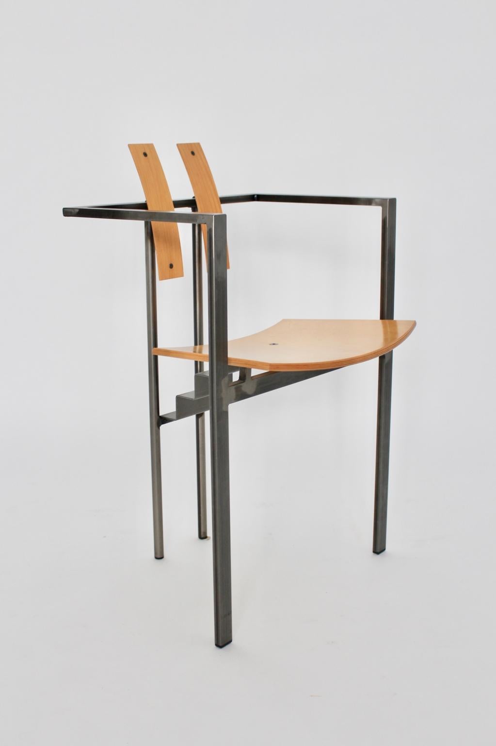 Postmodern Vintage Metal Beech Dining Chairs Set of Six, circa 1980, Italy For Sale 10
