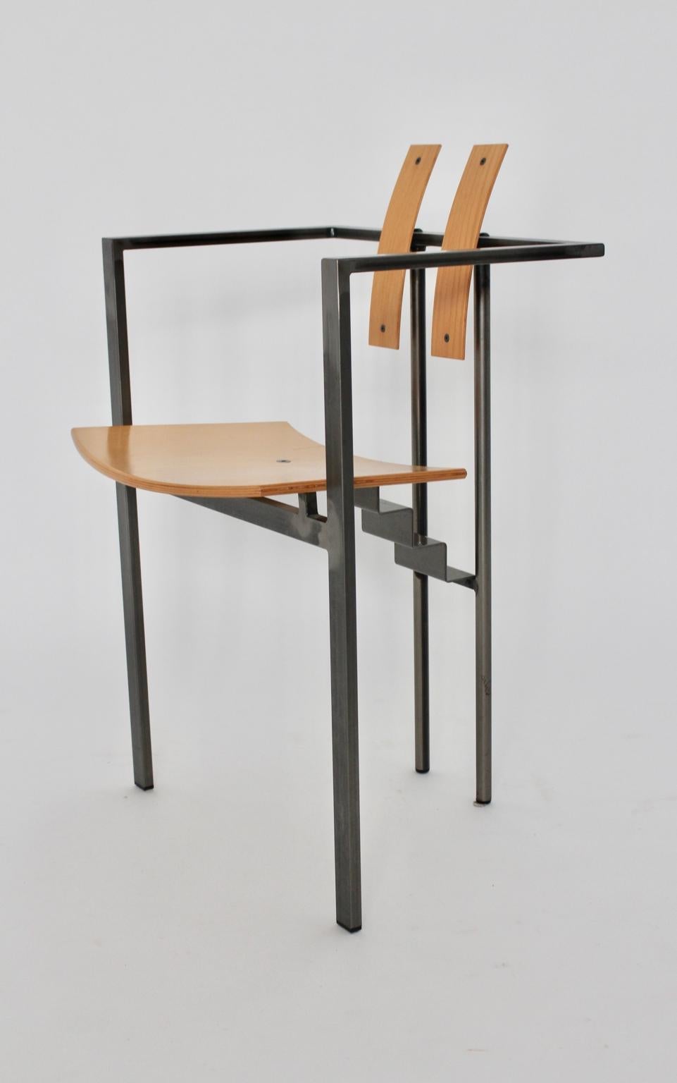 Postmodern Vintage Metal Beech Dining Chairs Set of Six, circa 1980, Italy For Sale 11