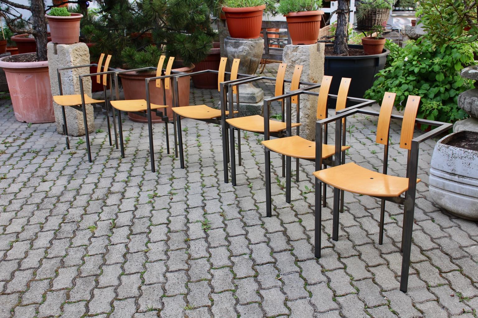Postmodern Vintage Metal Beech Dining Chairs Set of Six, circa 1980, Italy In Good Condition For Sale In Vienna, AT