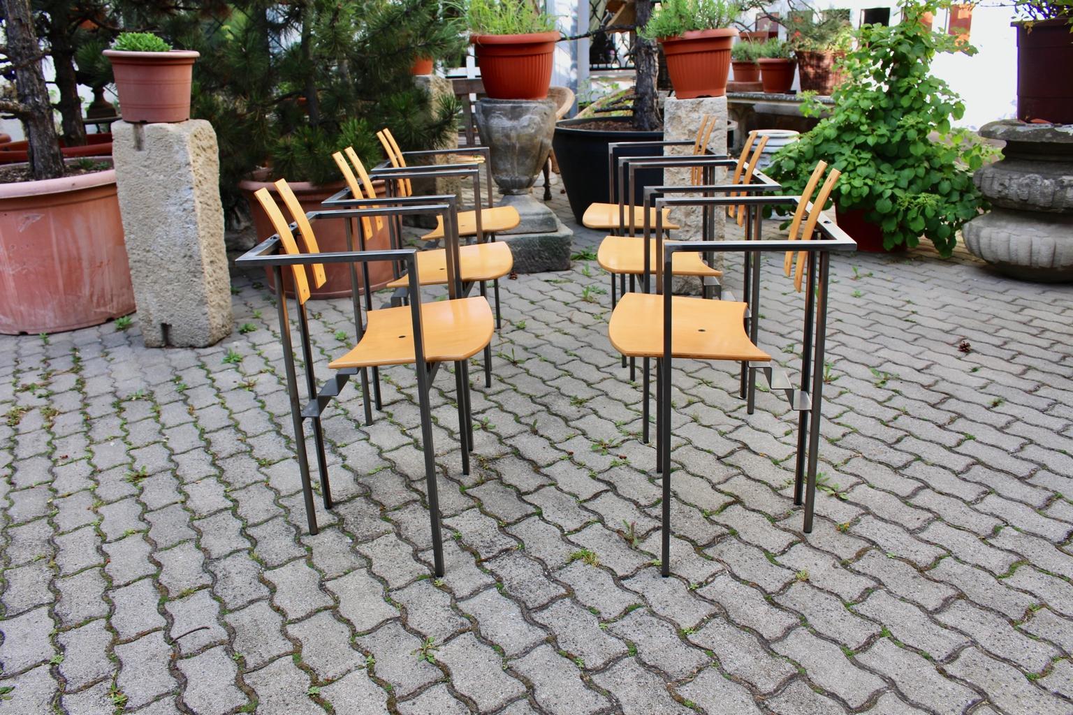 Late 20th Century Postmodern Vintage Metal Beech Dining Chairs Set of Six, circa 1980, Italy For Sale