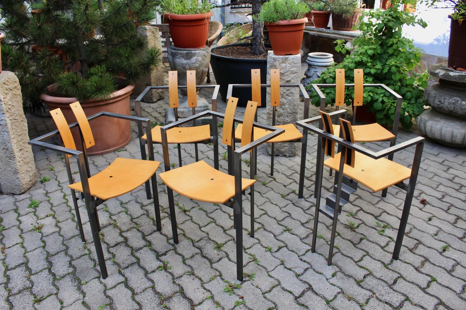 Postmodern Vintage Metal Beech Dining Chairs Set of Six, circa 1980, Italy For Sale 1