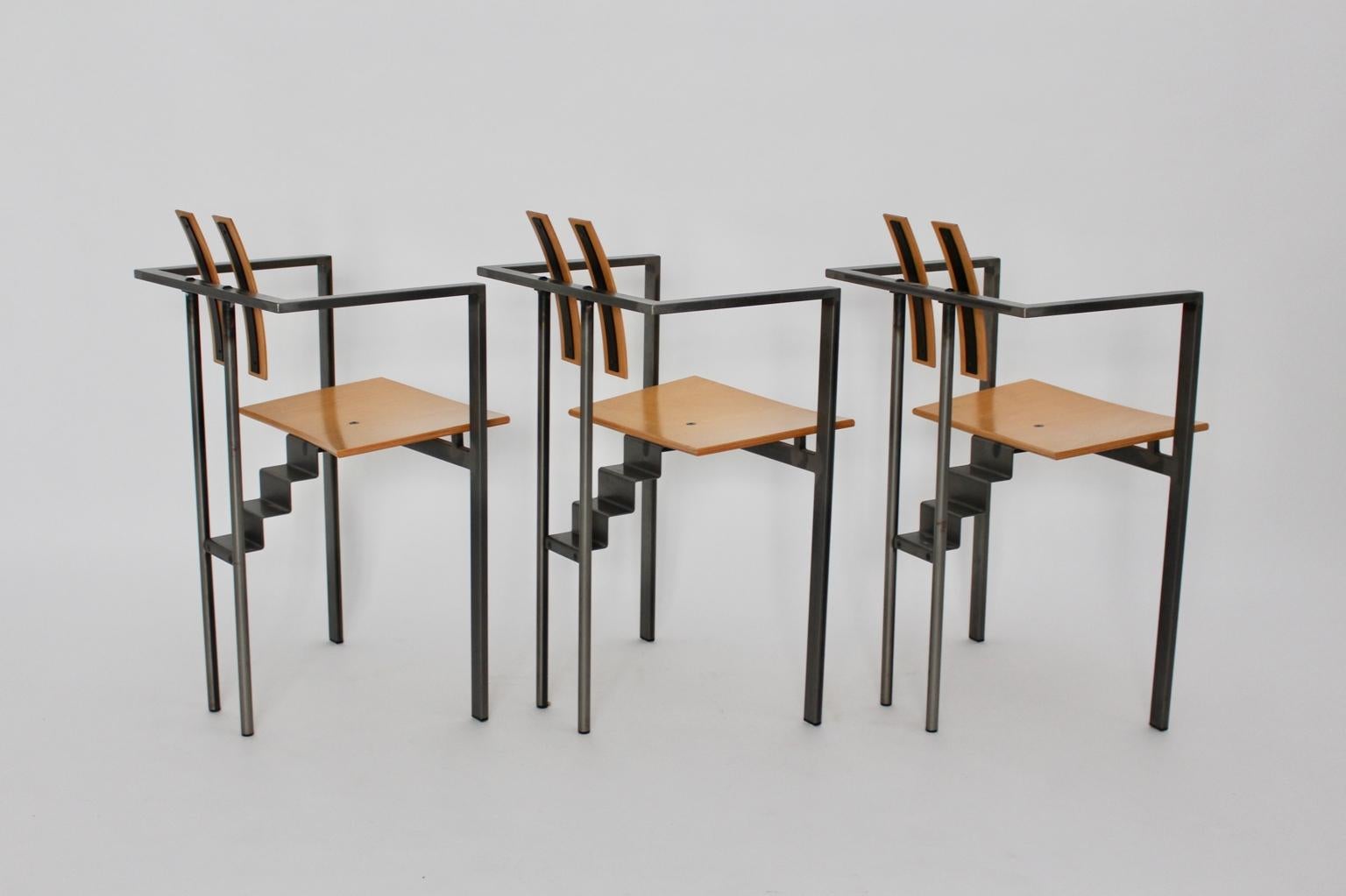 Postmodern Vintage Metal Beech Dining Chairs Set of Six, circa 1980, Italy For Sale 2