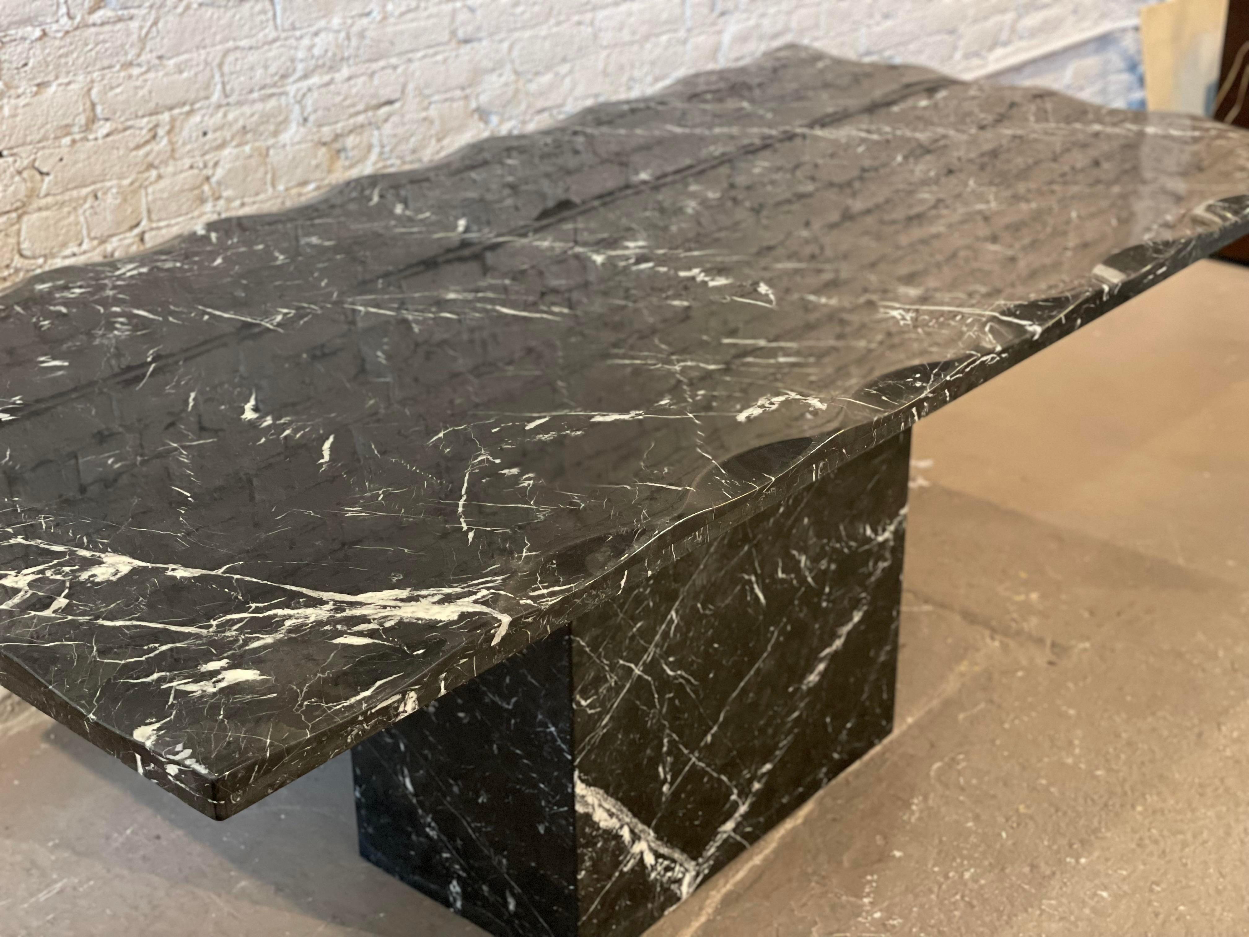 Late 20th Century Postmodern Vintage Nero Marquina Black Marble Dining Table with Scalloped Edge For Sale