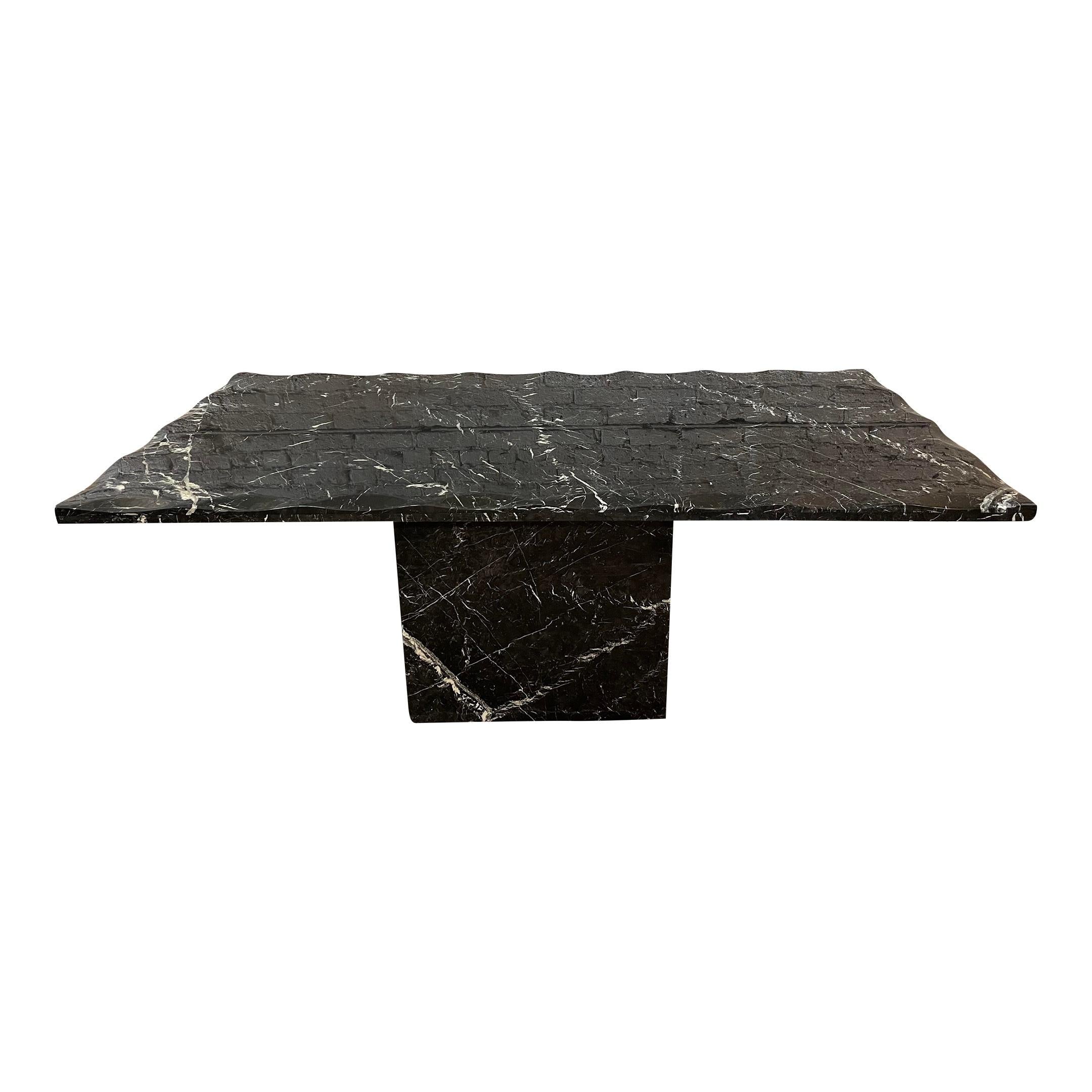 Postmodern Vintage Nero Marquina Black Marble Dining Table with Scalloped Edge For Sale