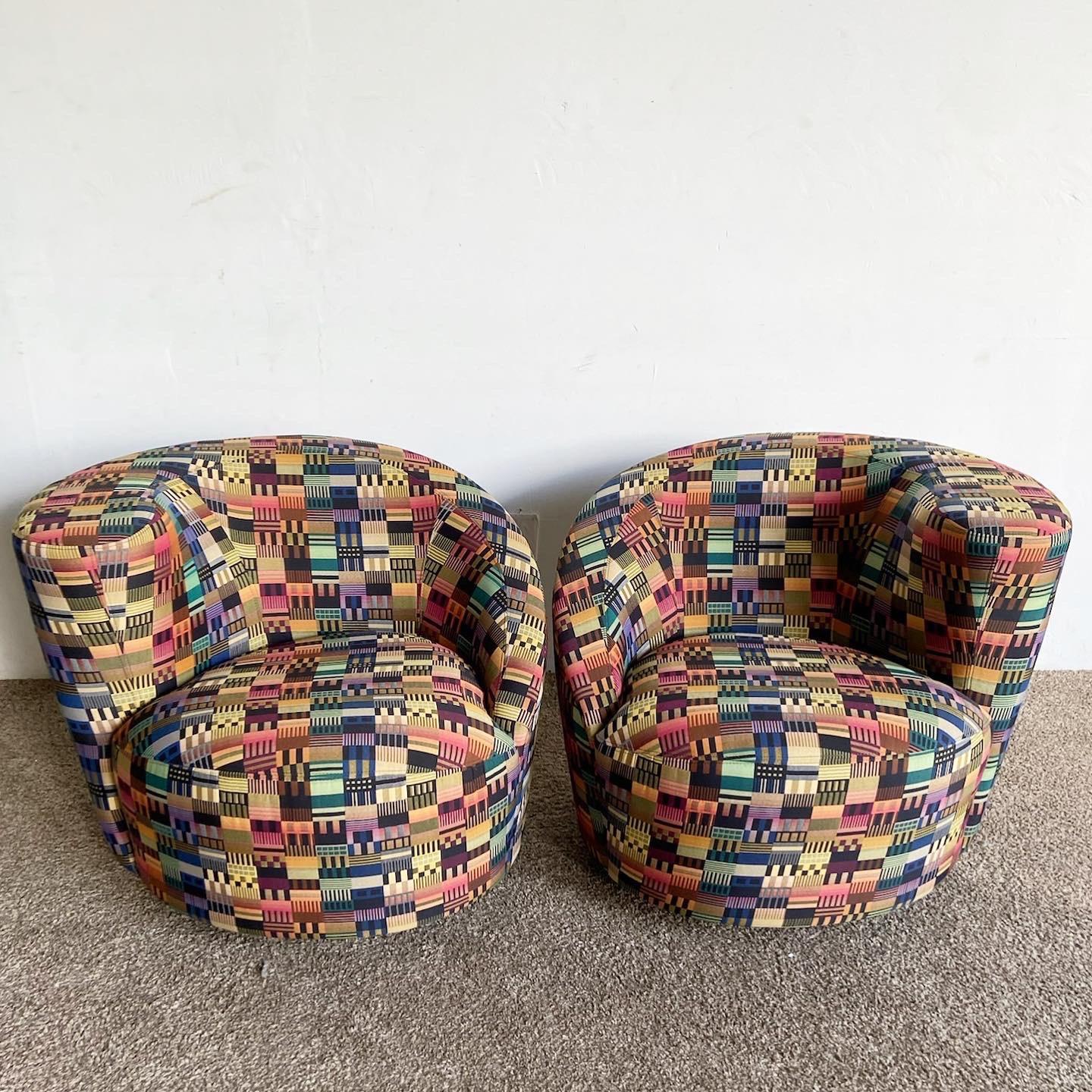 Post-Modern Postmodern Vladimir Kagan Style Multicolor Nautilus Swivel Chairs - a Pair For Sale