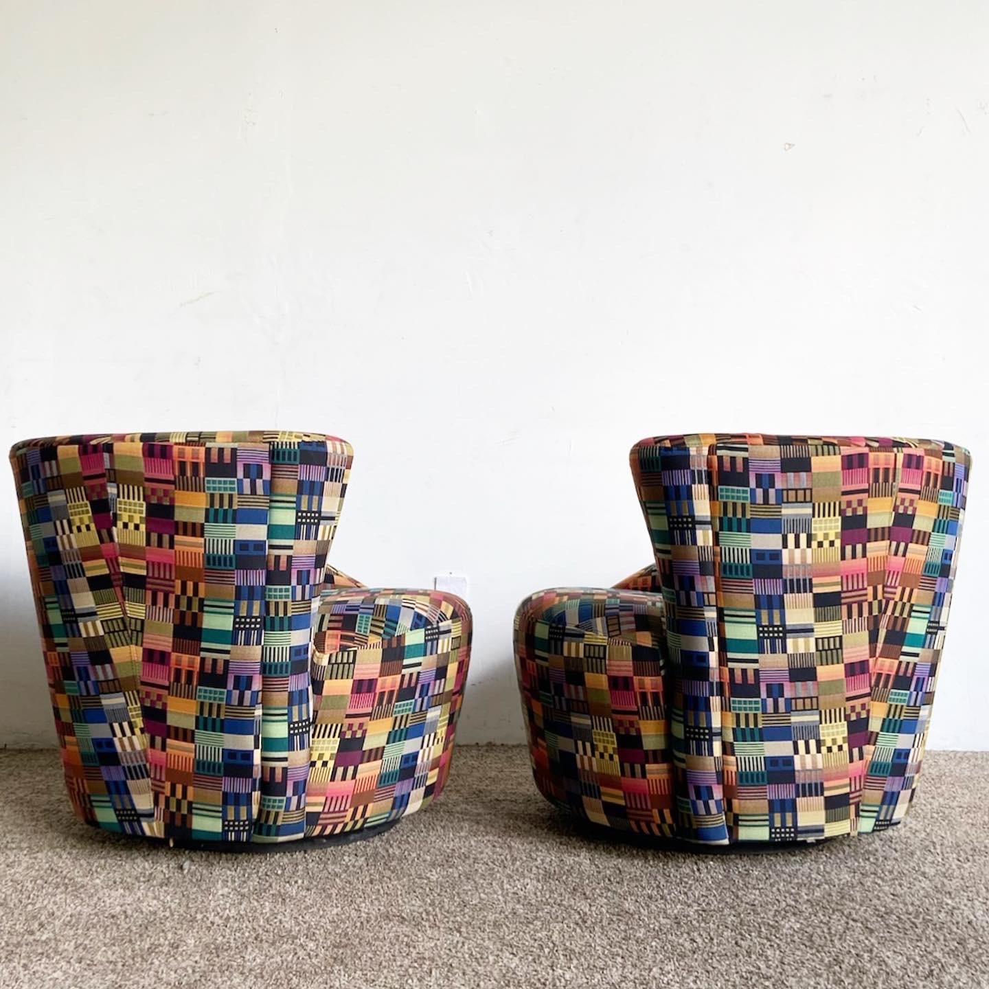 American Postmodern Vladimir Kagan Style Multicolor Nautilus Swivel Chairs - a Pair For Sale