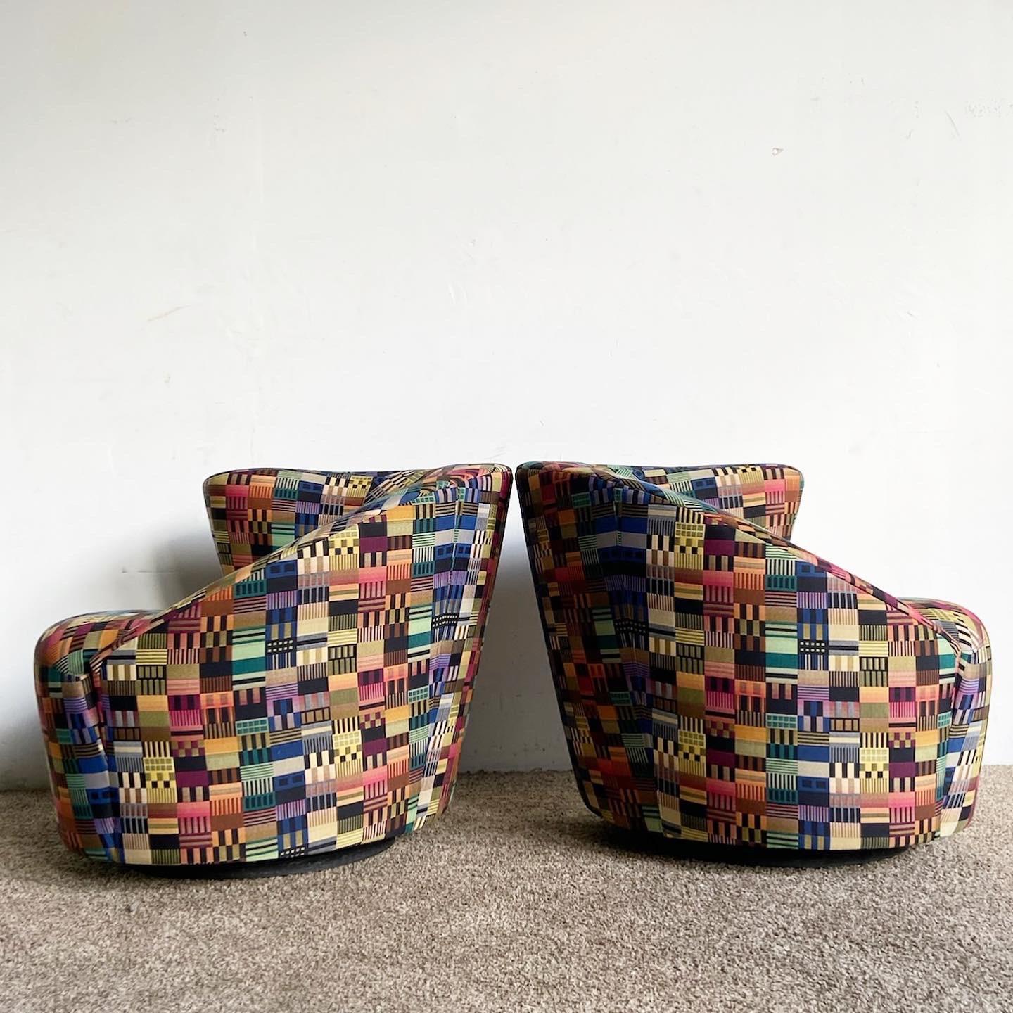 Late 20th Century Postmodern Vladimir Kagan Style Multicolor Nautilus Swivel Chairs - a Pair For Sale