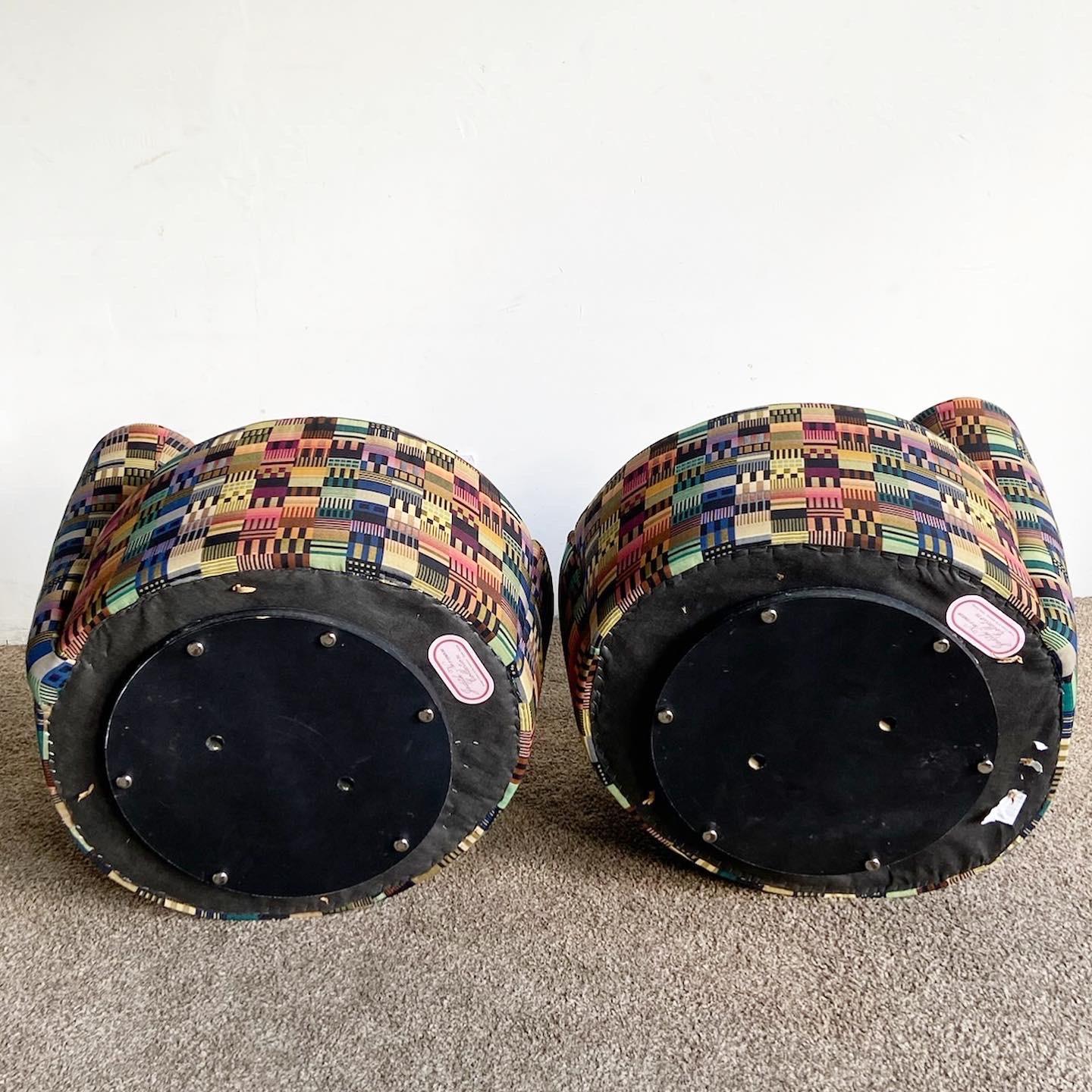 Fabric Postmodern Vladimir Kagan Style Multicolor Nautilus Swivel Chairs - a Pair For Sale