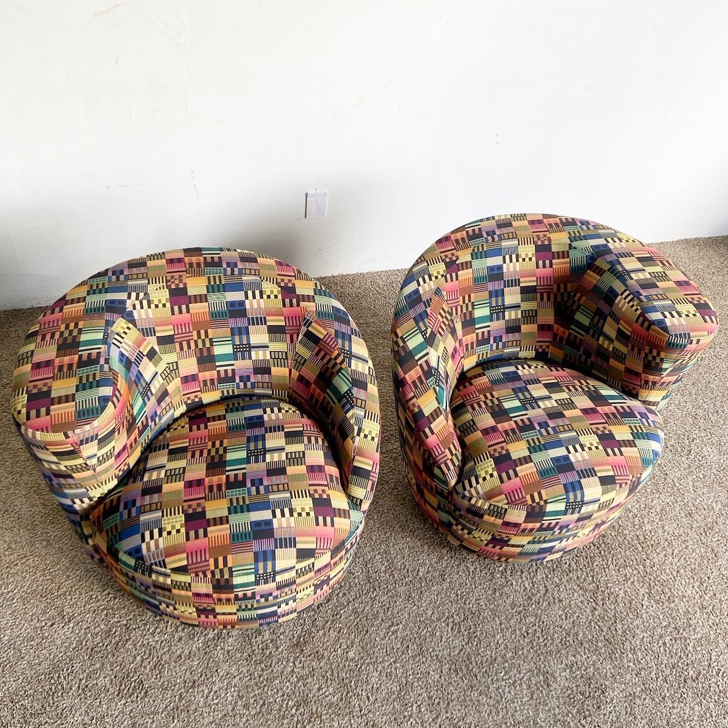 Postmodern Vladimir Kagan Style Multicolor Nautilus Swivel Chairs - a Pair For Sale 2