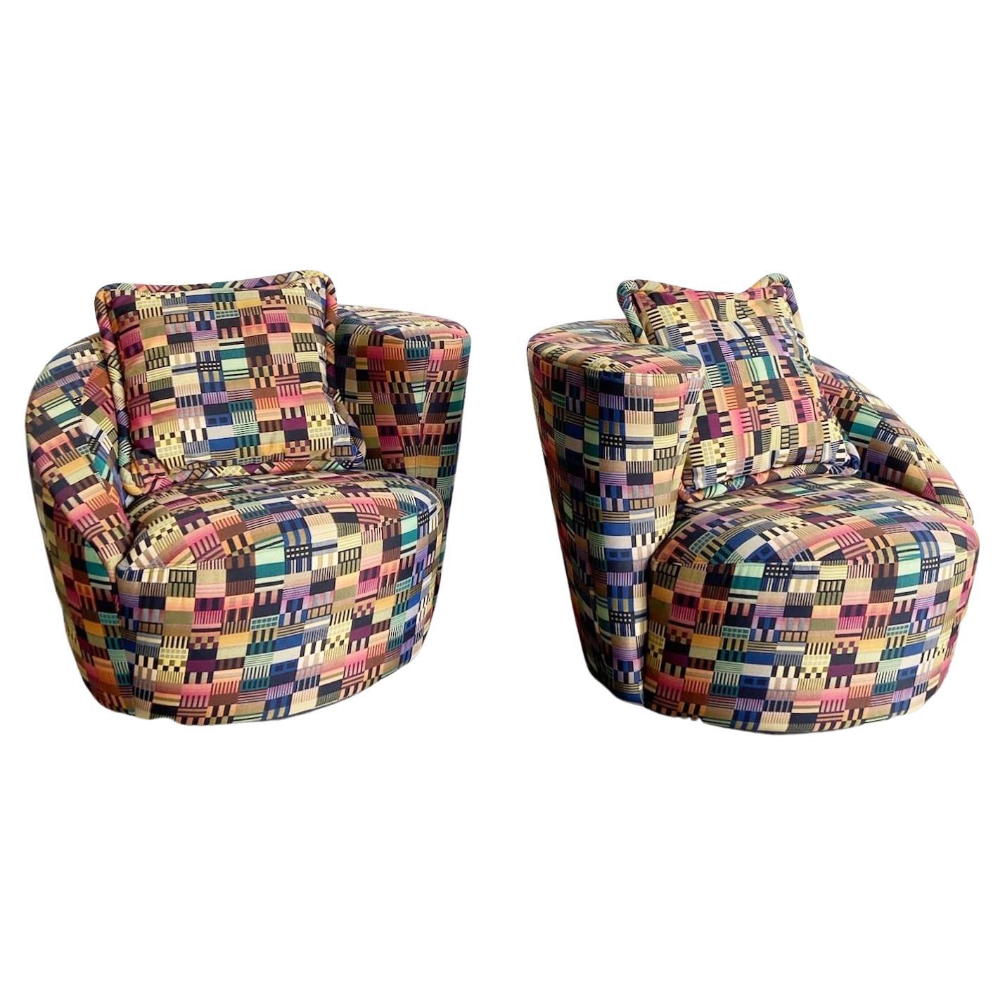Postmodern Vladimir Kagan Style Multicolor Nautilus Swivel Chairs - a Pair