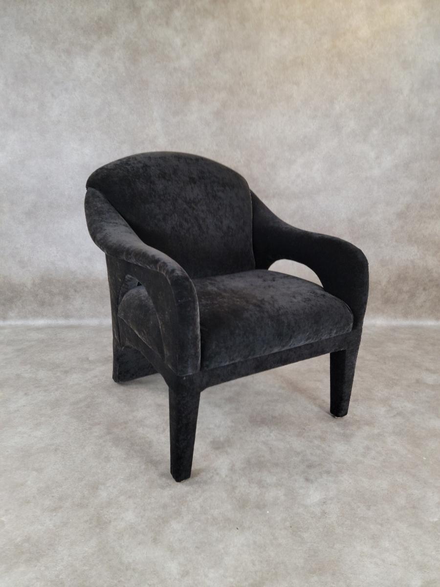 Unknown Postmodern Black Crushed Velvet Upholstered Club Chair