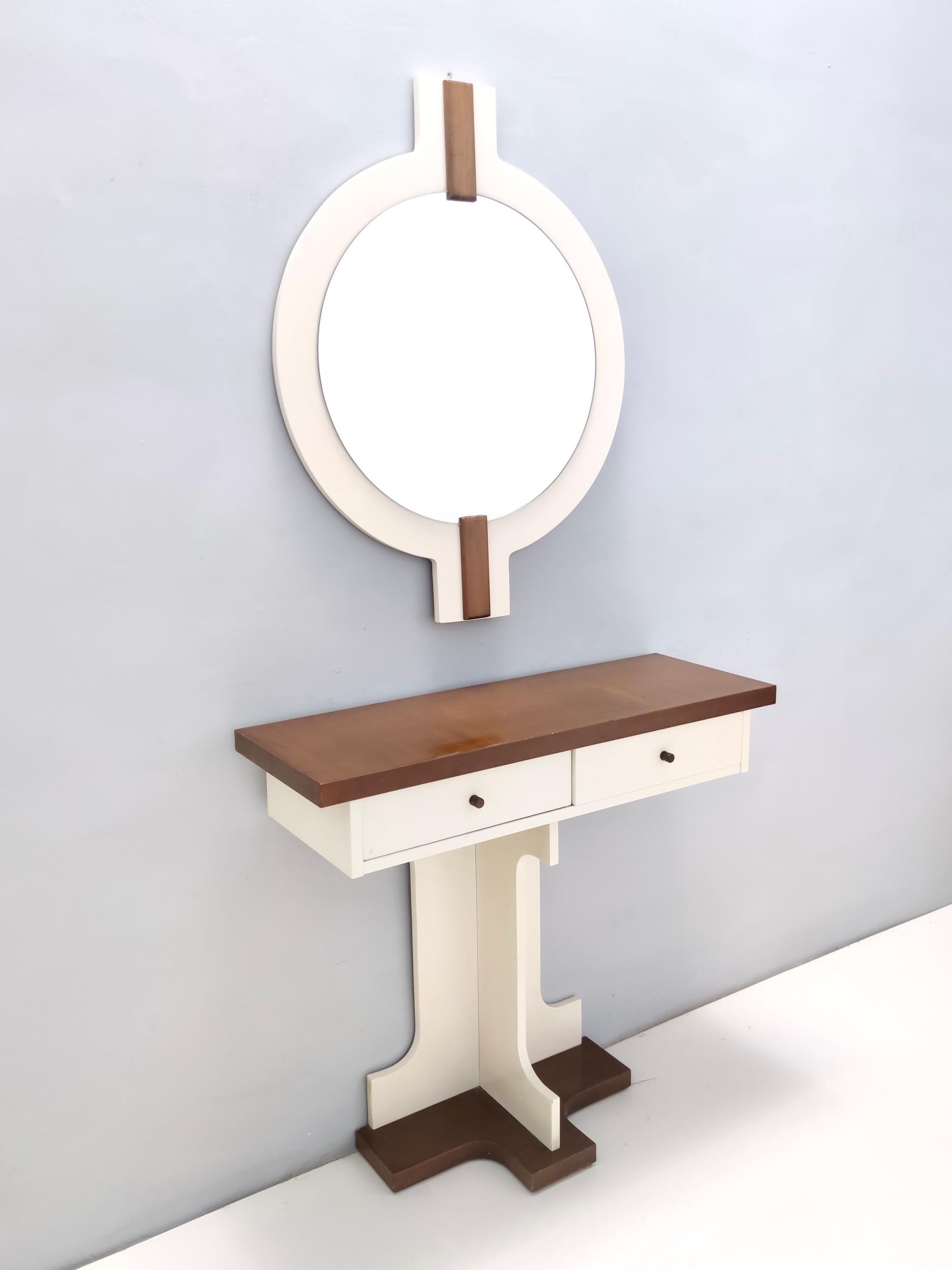 Italian Postmodern Walnut Wall Mirror and Console with Ivory Lacquered Parts, Italy For Sale