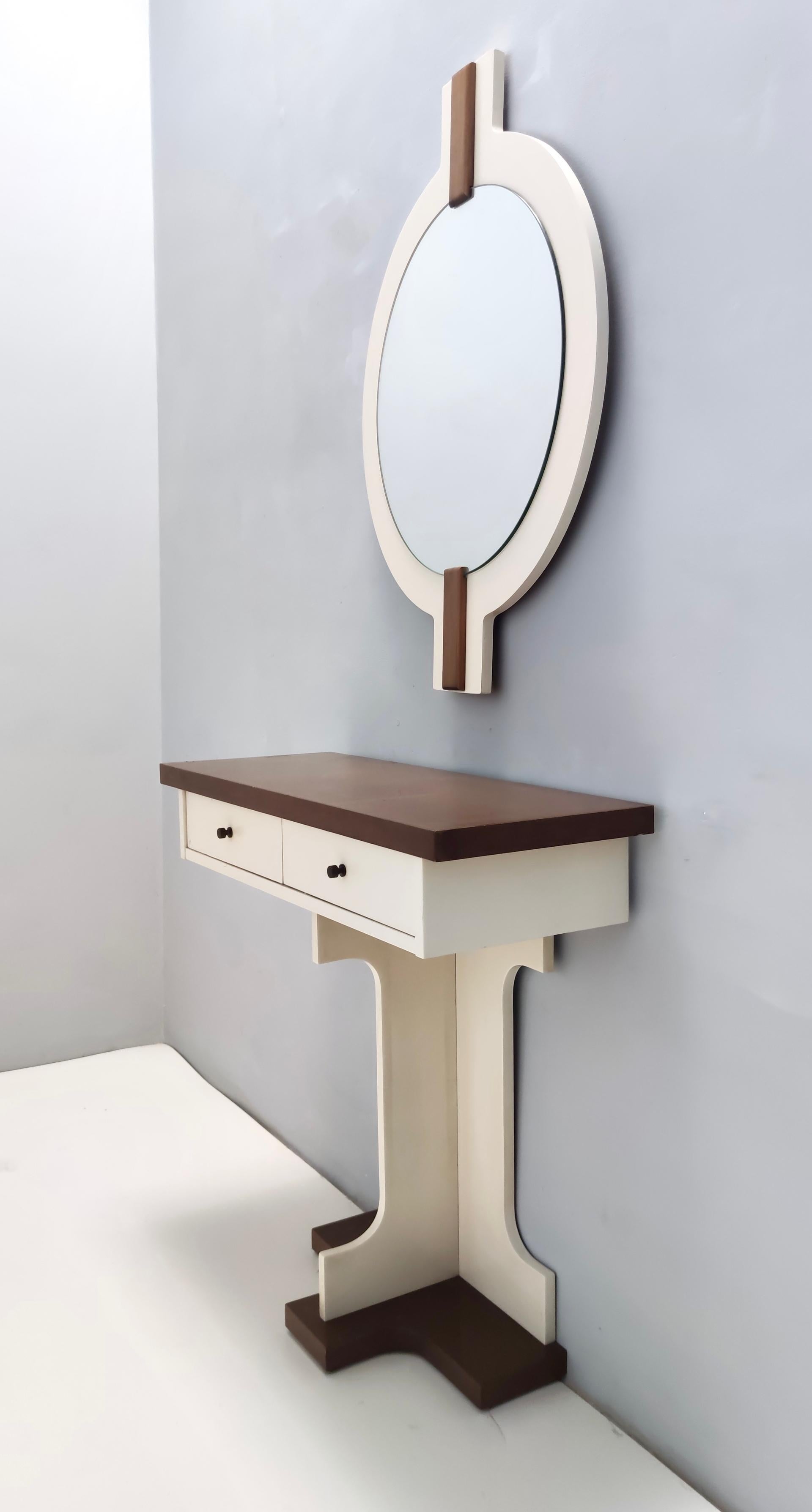 Late 20th Century Postmodern Walnut Wall Mirror and Console with Ivory Lacquered Parts, Italy For Sale