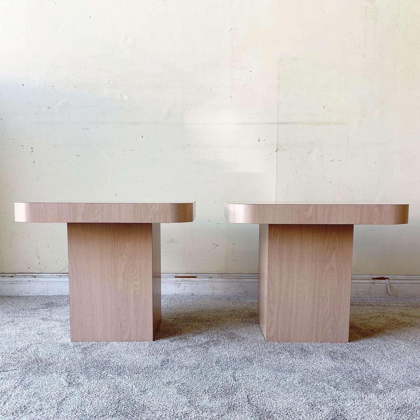 Post-Modern Postmodern Washed Woodgrain Laminate Mushroom Side Tables - a Pair