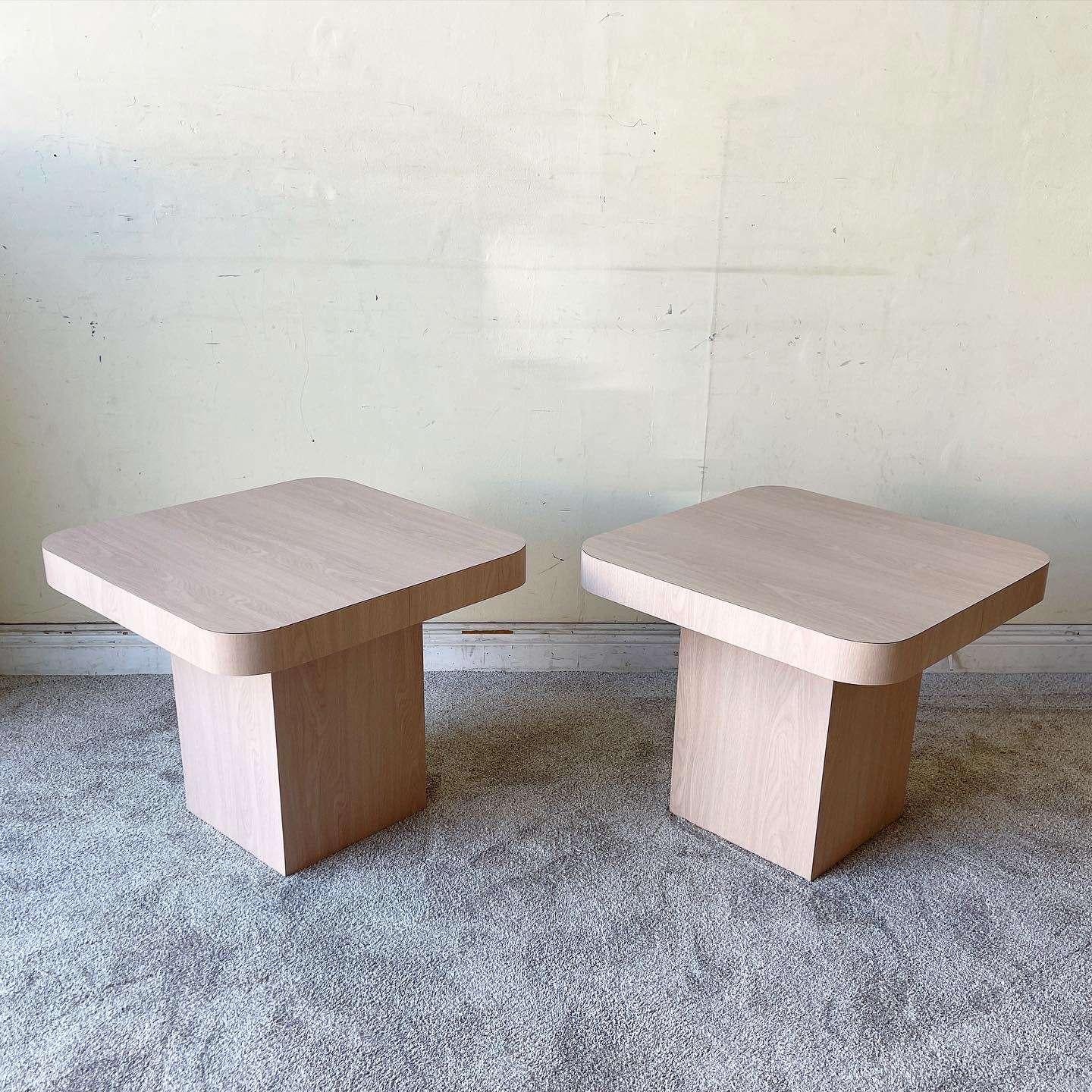 Late 20th Century Postmodern Washed Woodgrain Laminate Mushroom Side Tables - a Pair