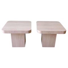 Postmodern Washed Woodgrain Laminate Mushroom Side Tables - a Pair