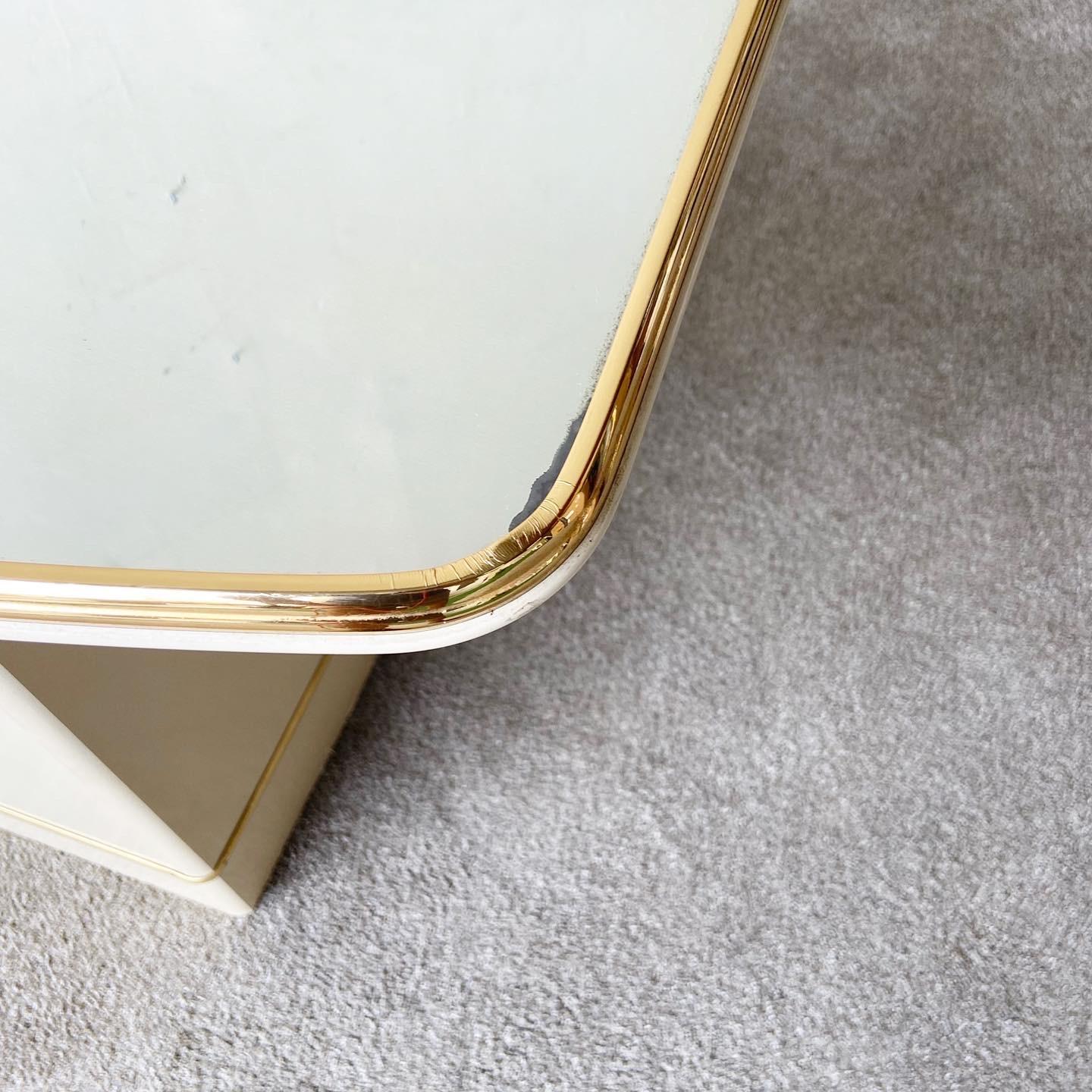 American Postmodern Wavy Mirrored Top Console Table With Gold Trim For Sale