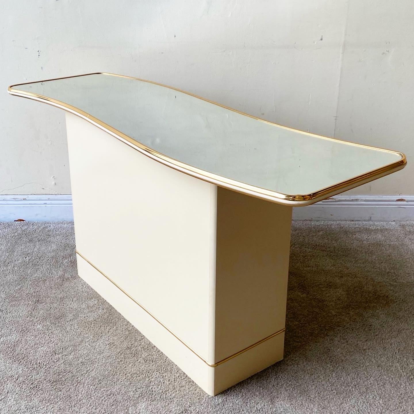 Postmodern Wavy Mirrored Top Console Table With Gold Trim For Sale 1