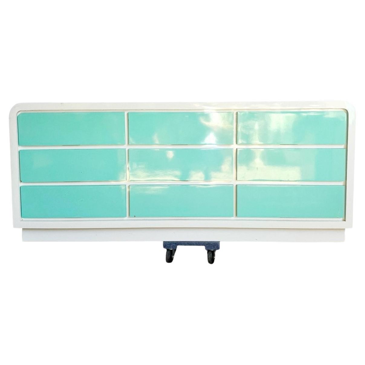 Postmodern White and Turquoise Lacquer Laminate Waterfall Dresser