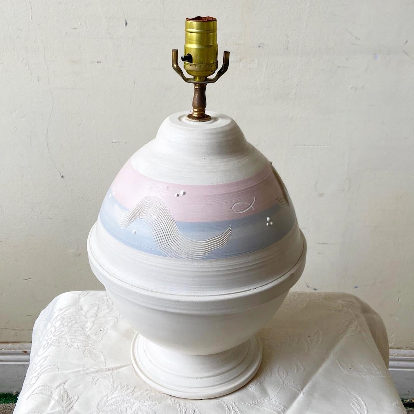 Post-Modern Postmodern White Blue and Pink Sculpted Pottery Table Lamp For Sale