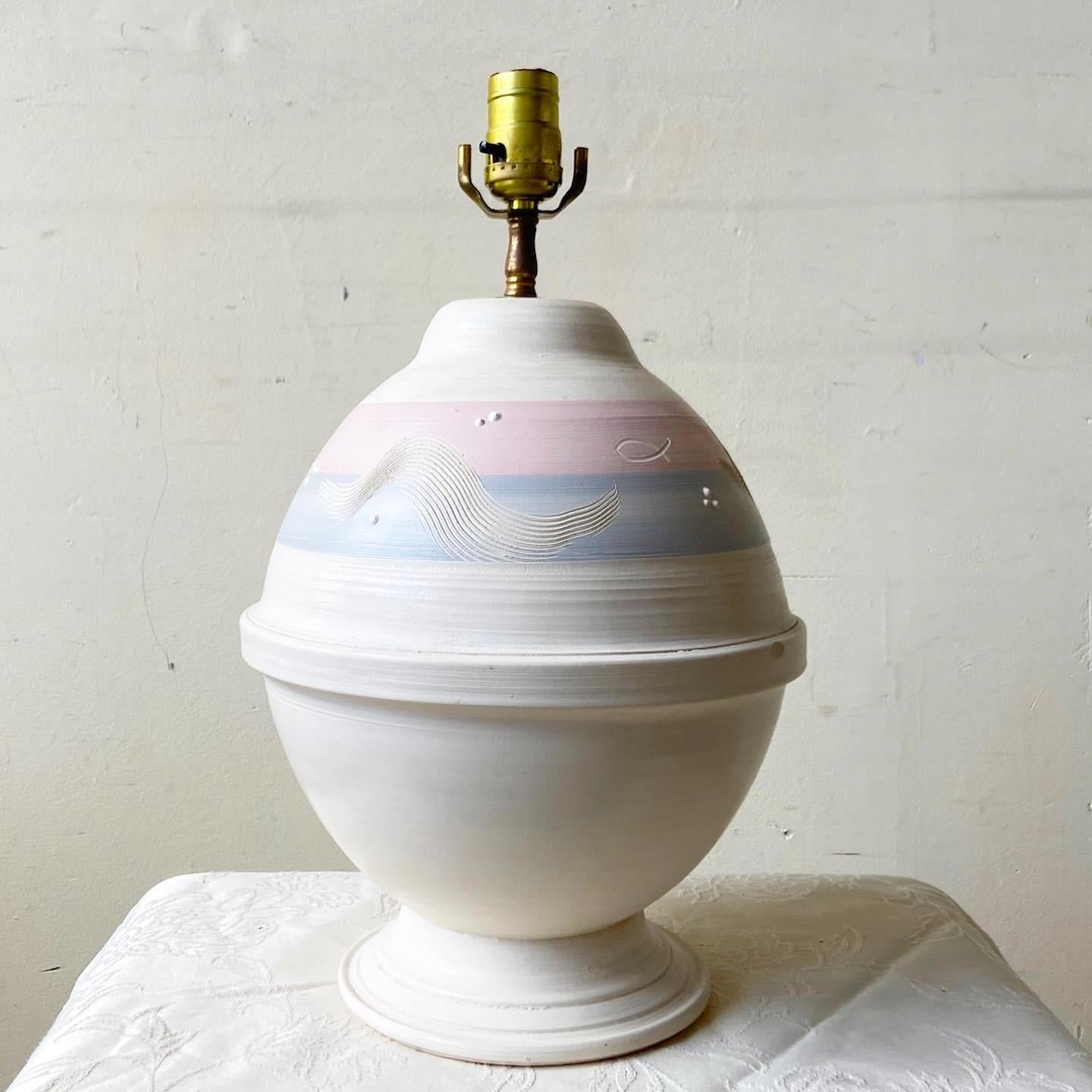 American Postmodern White Blue and Pink Sculpted Pottery Table Lamp For Sale