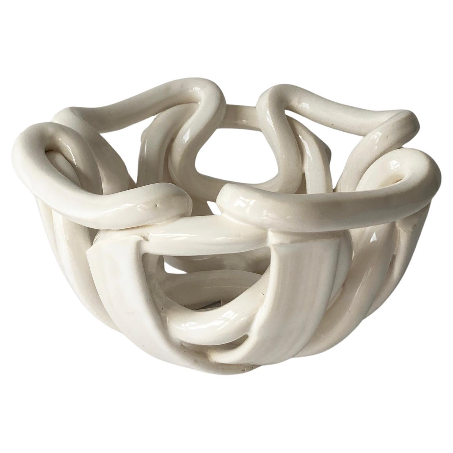 Postmodern White Ceramic Braided Woven Abstract Centerpiece Bowl