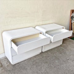 Postmodern White Faux Leather Laminate Waterfall Chest of Drawers, Set of 2