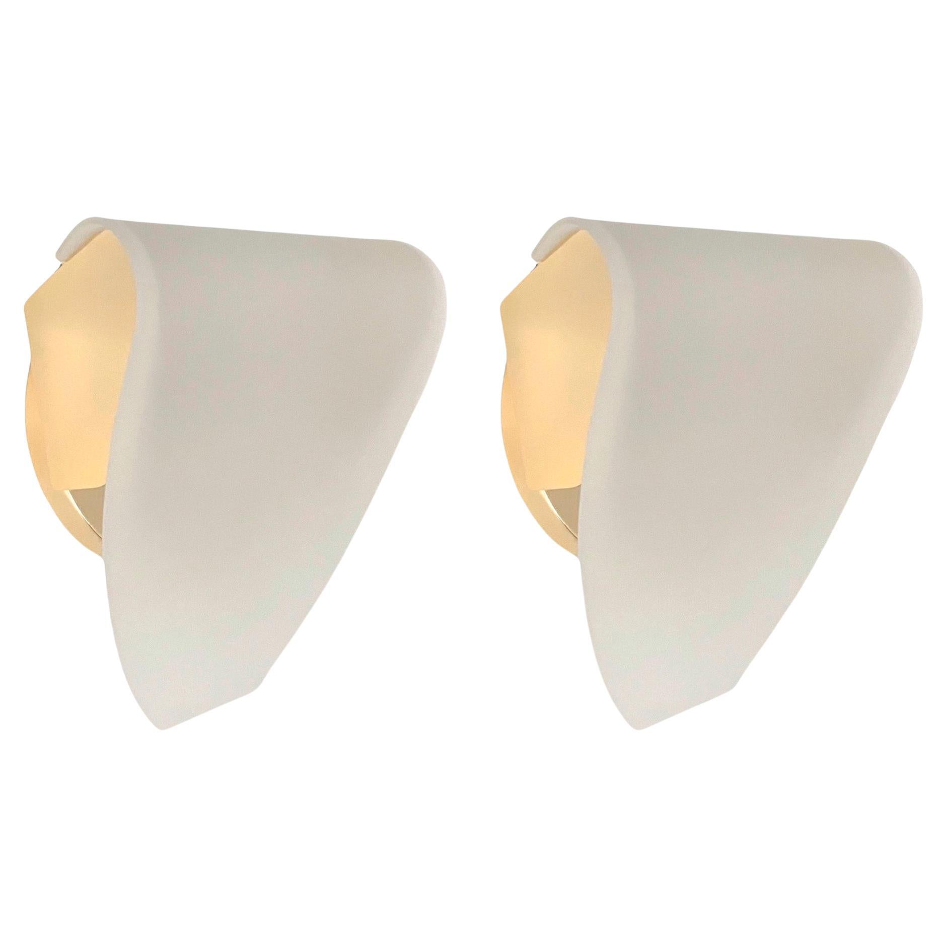 Postmodern White Glass Gold Pair of Wall Sconces by Blauet, Barcelona, 1990s