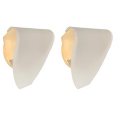Postmodern White Glass Gold Pair of Wall Sconces by Blauet, Barcelona, 1990s