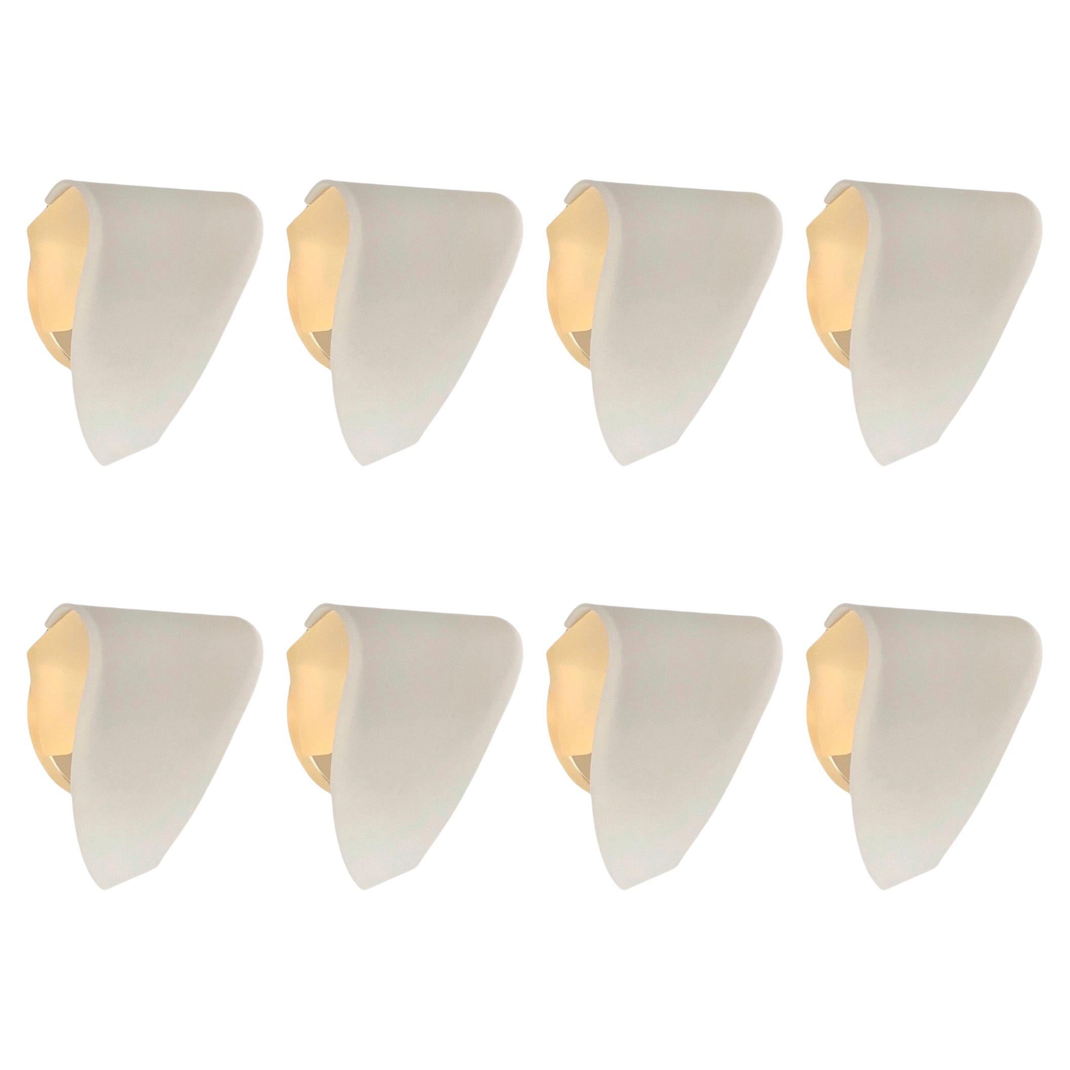Postmodern White Glass Gold Set of Eigh Wall Sconces by Blauet, Barcelona, 1990s For Sale