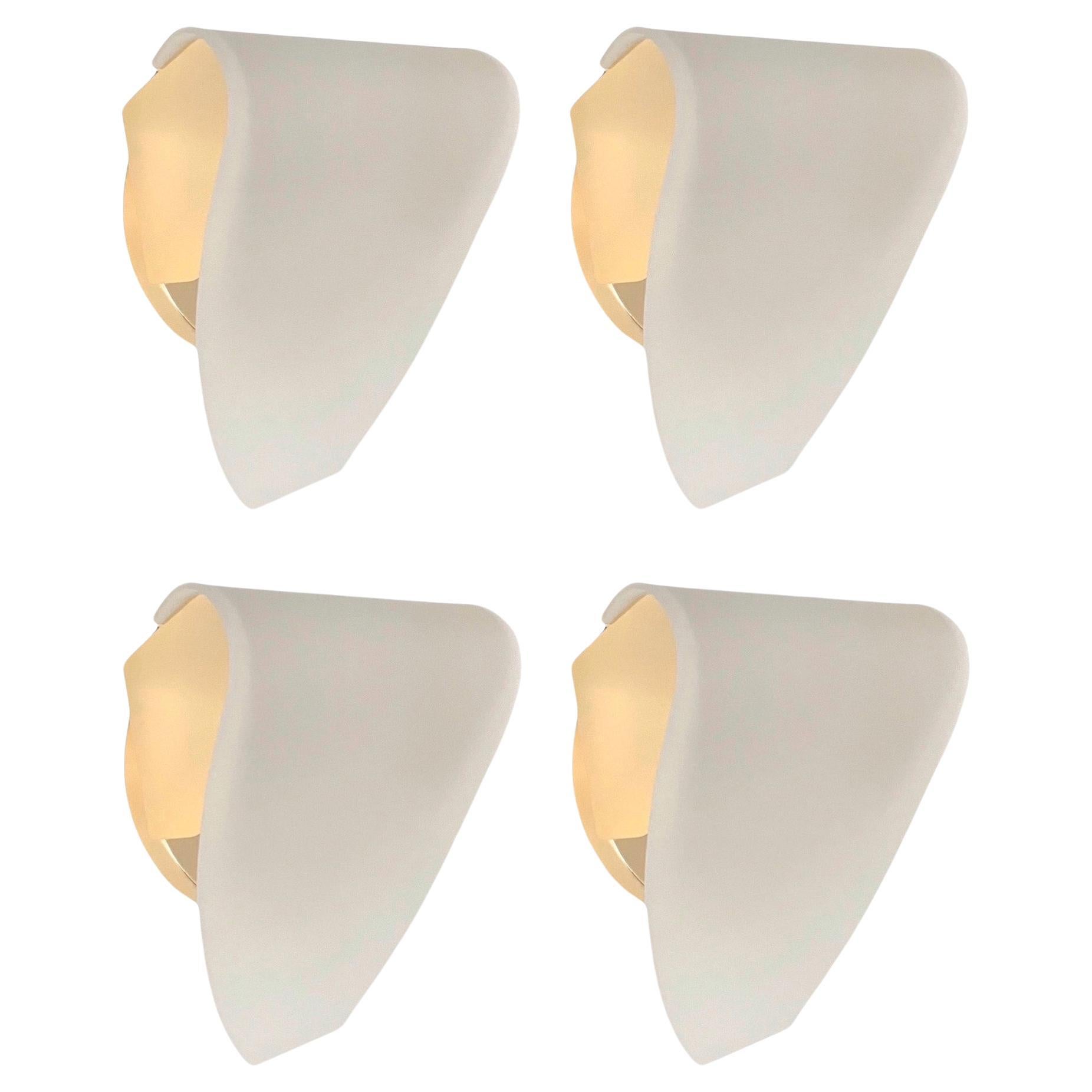 Postmodern White Glass Gold Set of Four Wall Sconces by Blauet, Barcelona, 1990s For Sale