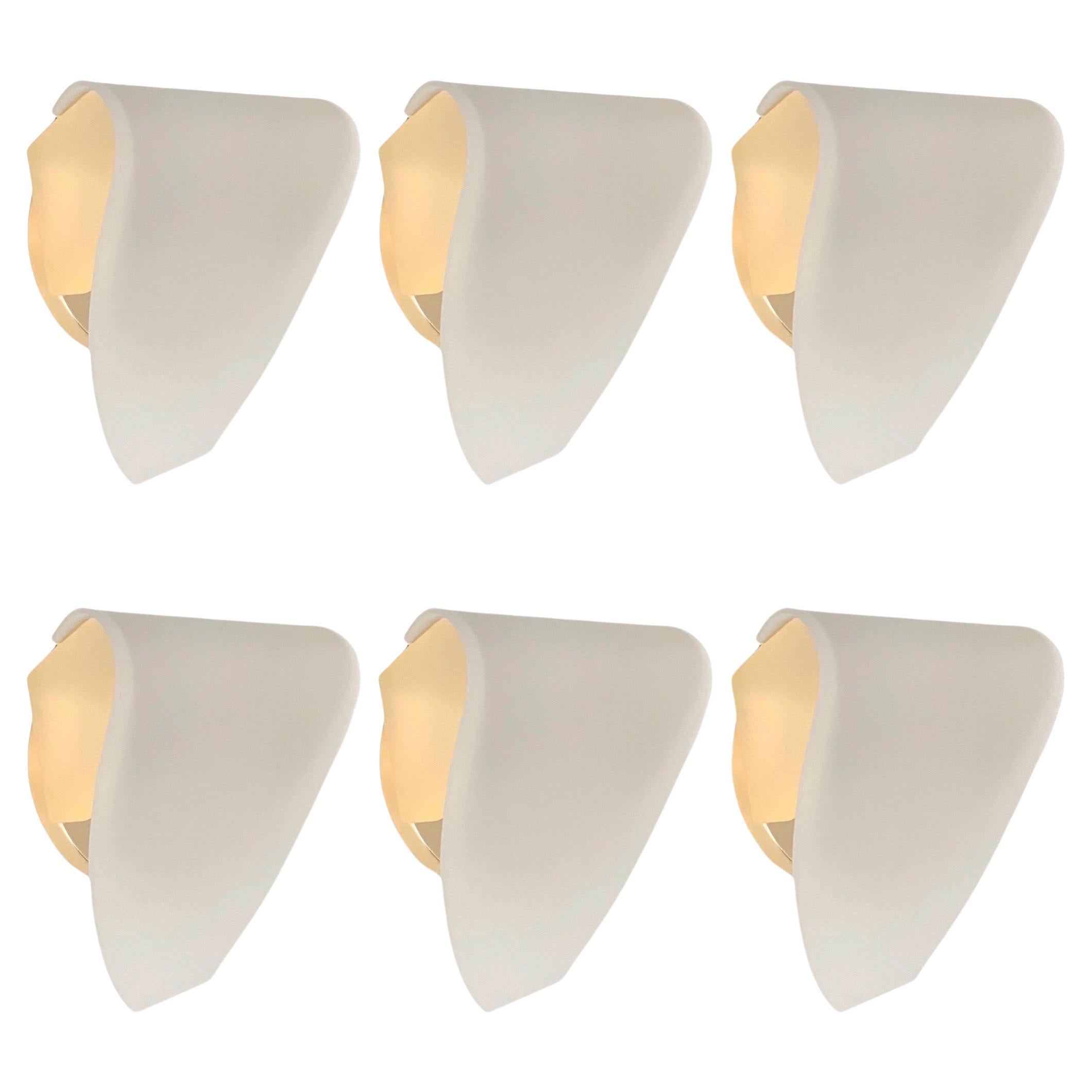 Postmodern White Glass Gold Set of Six Wall Sconces by Blauet, Barcelona, 1990s