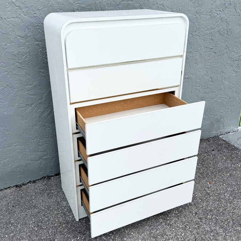 Postmodern White Gloss Laminate Waterfall Highboy Dresser For Sale at  1stDibs