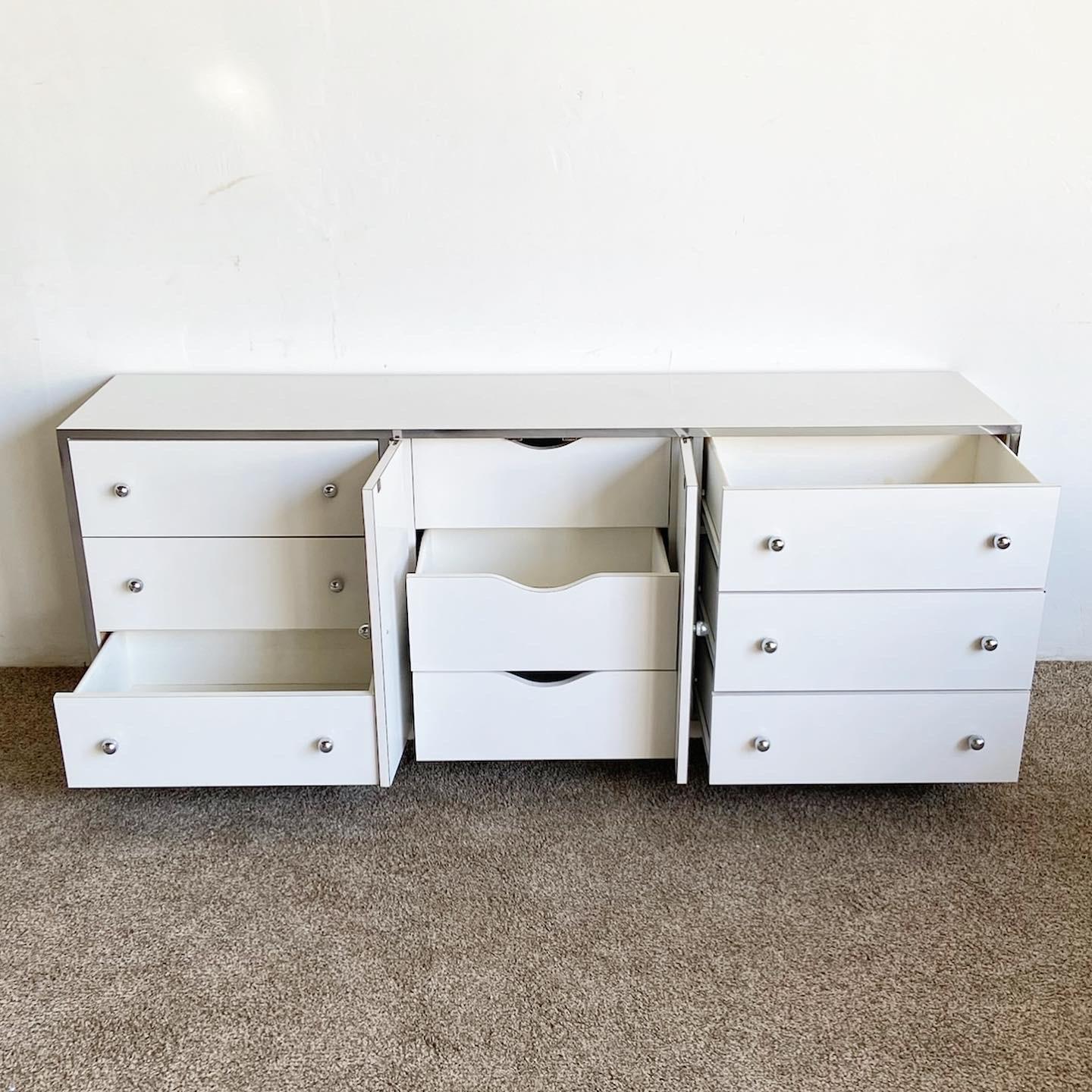 Postmodern White Lacquer Laminate and Chrome Dresser, 9 Drawers 11