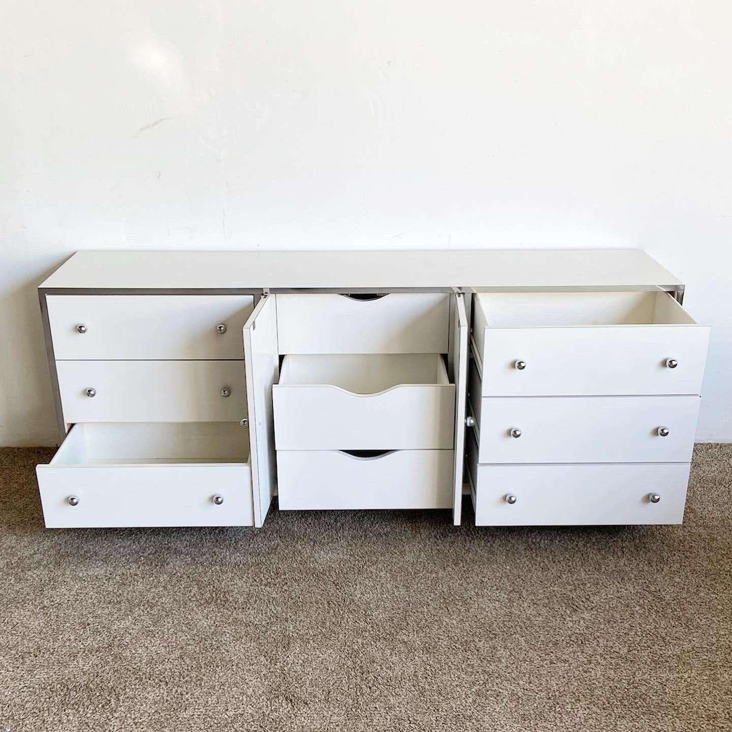 white glass and chrome chest of drawers
