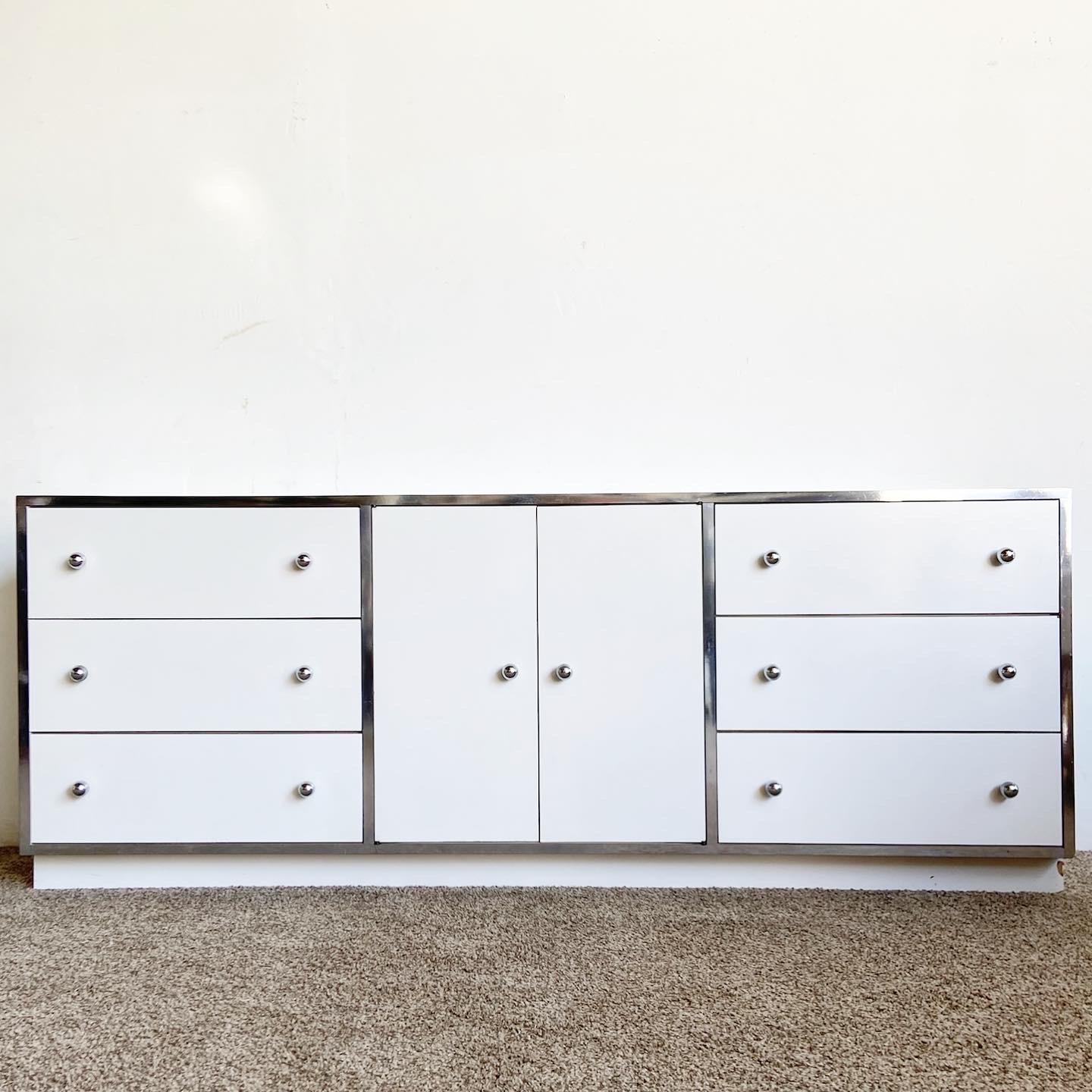 Postmodern White Lacquer Laminate and Chrome Dresser, 9 Drawers 2